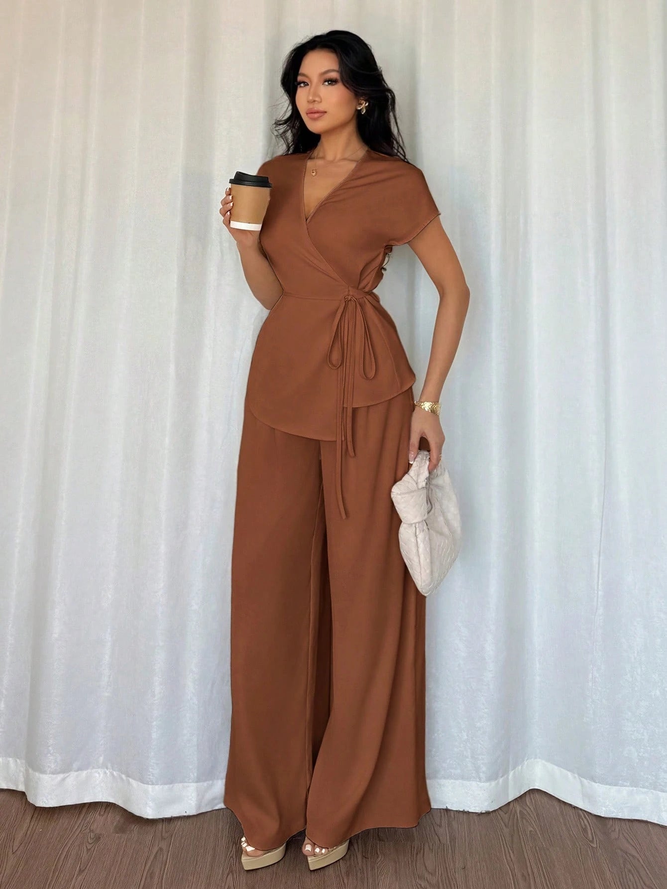  | SHEIN Elenzga Women's Bohemian Elegant Wrap-Style Batwing Sleeve Top & Wide Leg Loose Pants 2 Pieces Set Chiffon Suit For Outing | Top and Pant Set | Shein | OneHub