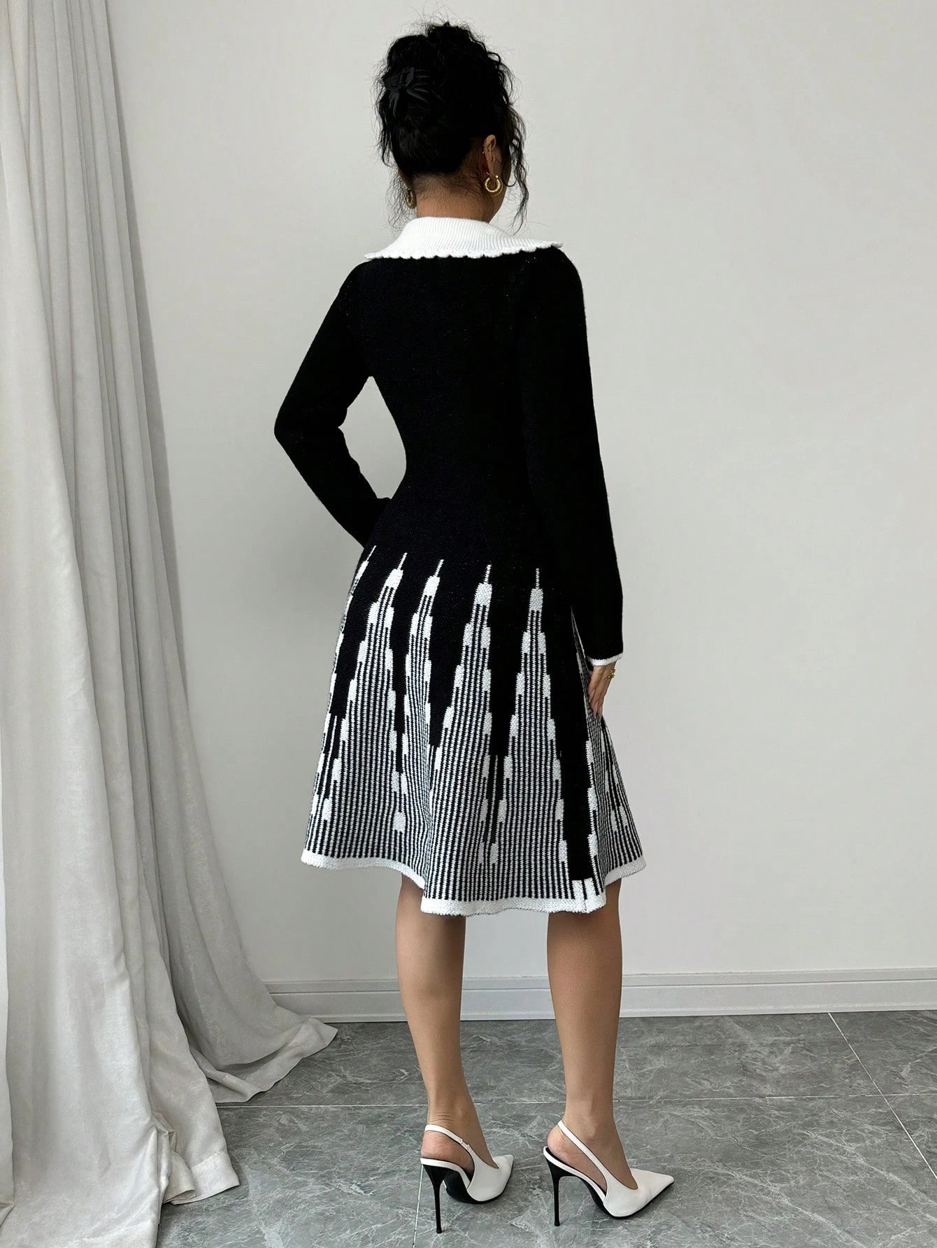 SHEIN Elenzga Women's Contrast Color Turndown Collar Long Sleeve Casual Sweater Dress, Autumn/Winter