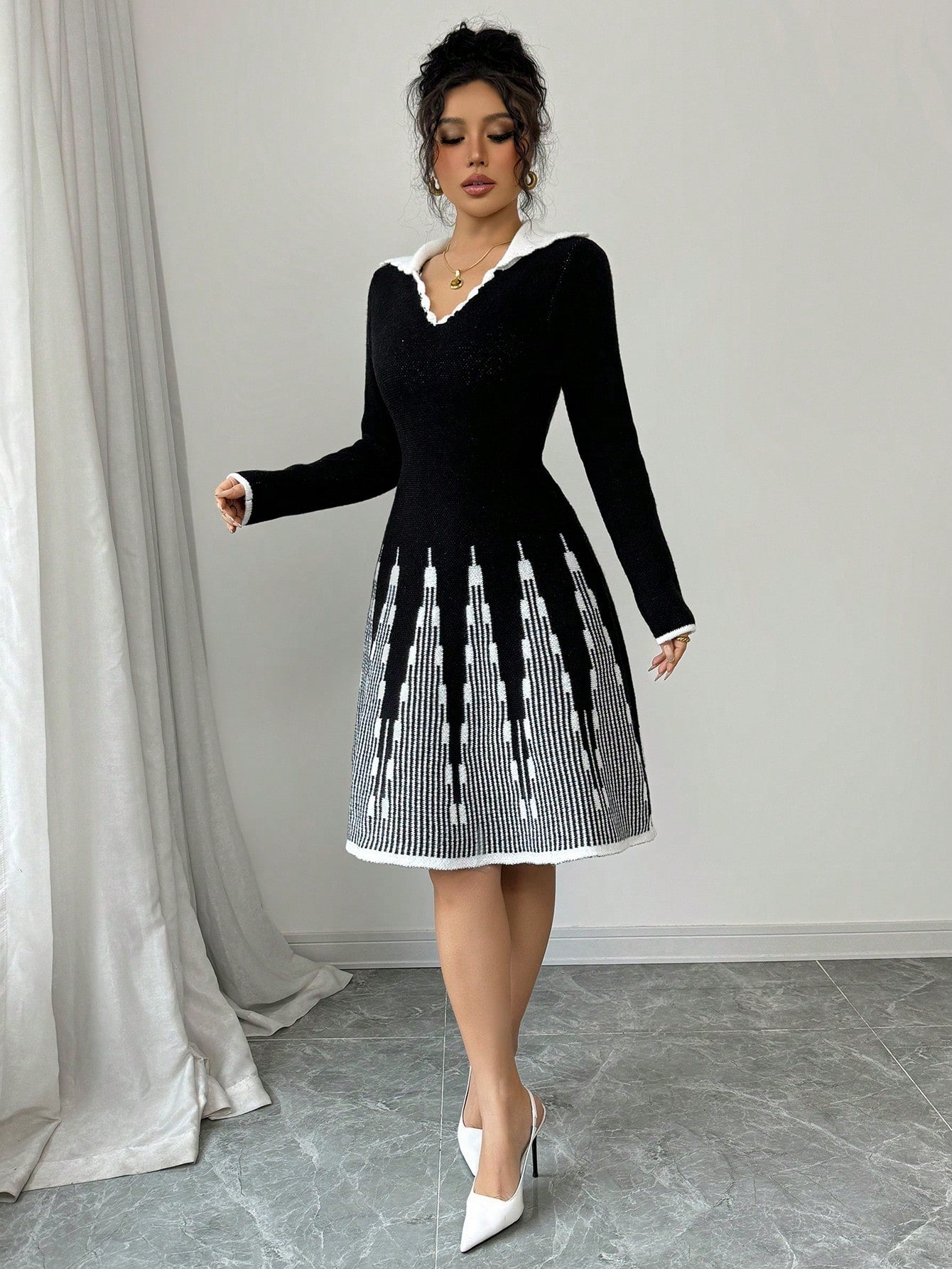 SHEIN Elenzga Women's Contrast Color Turndown Collar Long Sleeve Casual Sweater Dress, Autumn/Winter