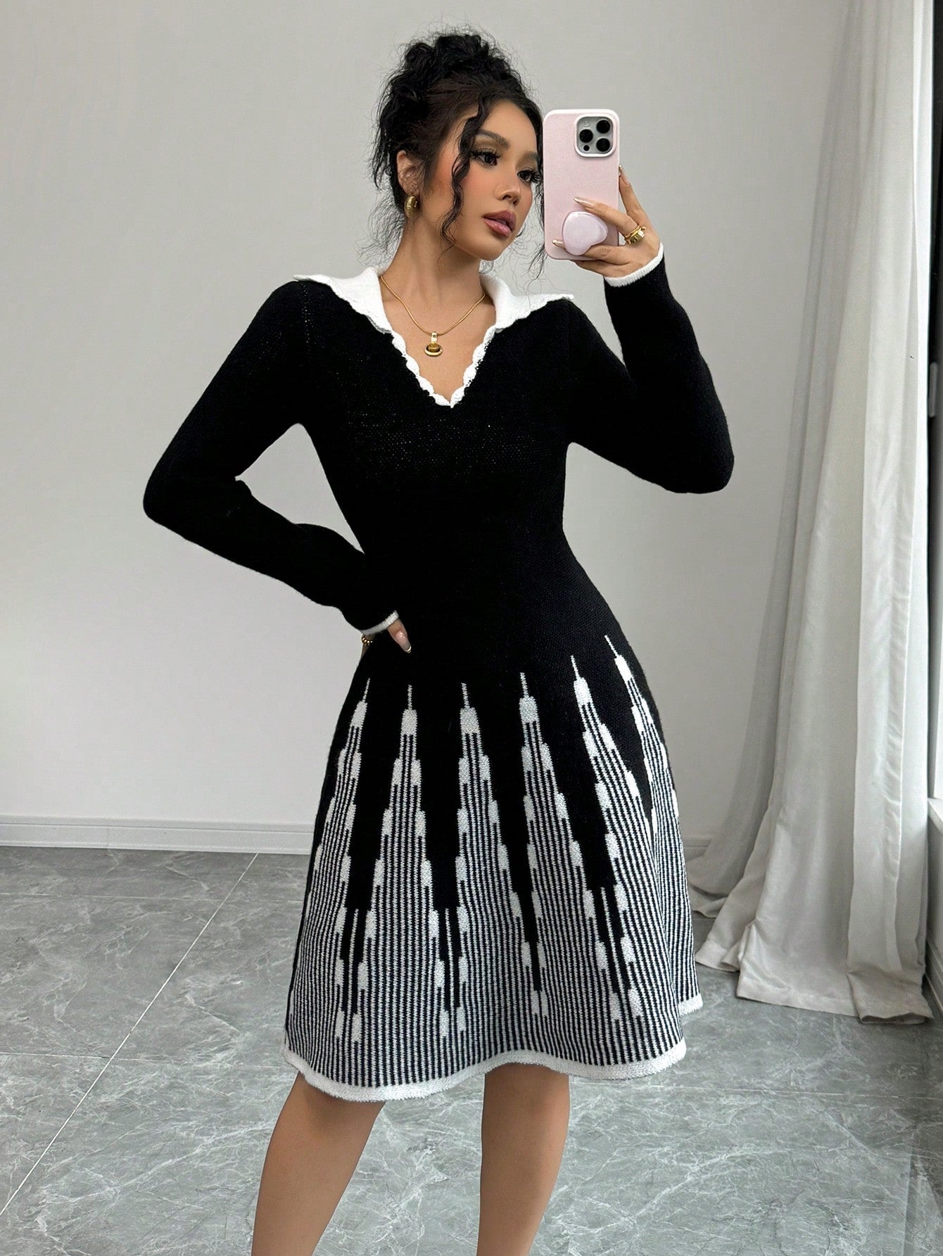 SHEIN Elenzga Women's Contrast Color Turndown Collar Long Sleeve Casual Sweater Dress, Autumn/Winter