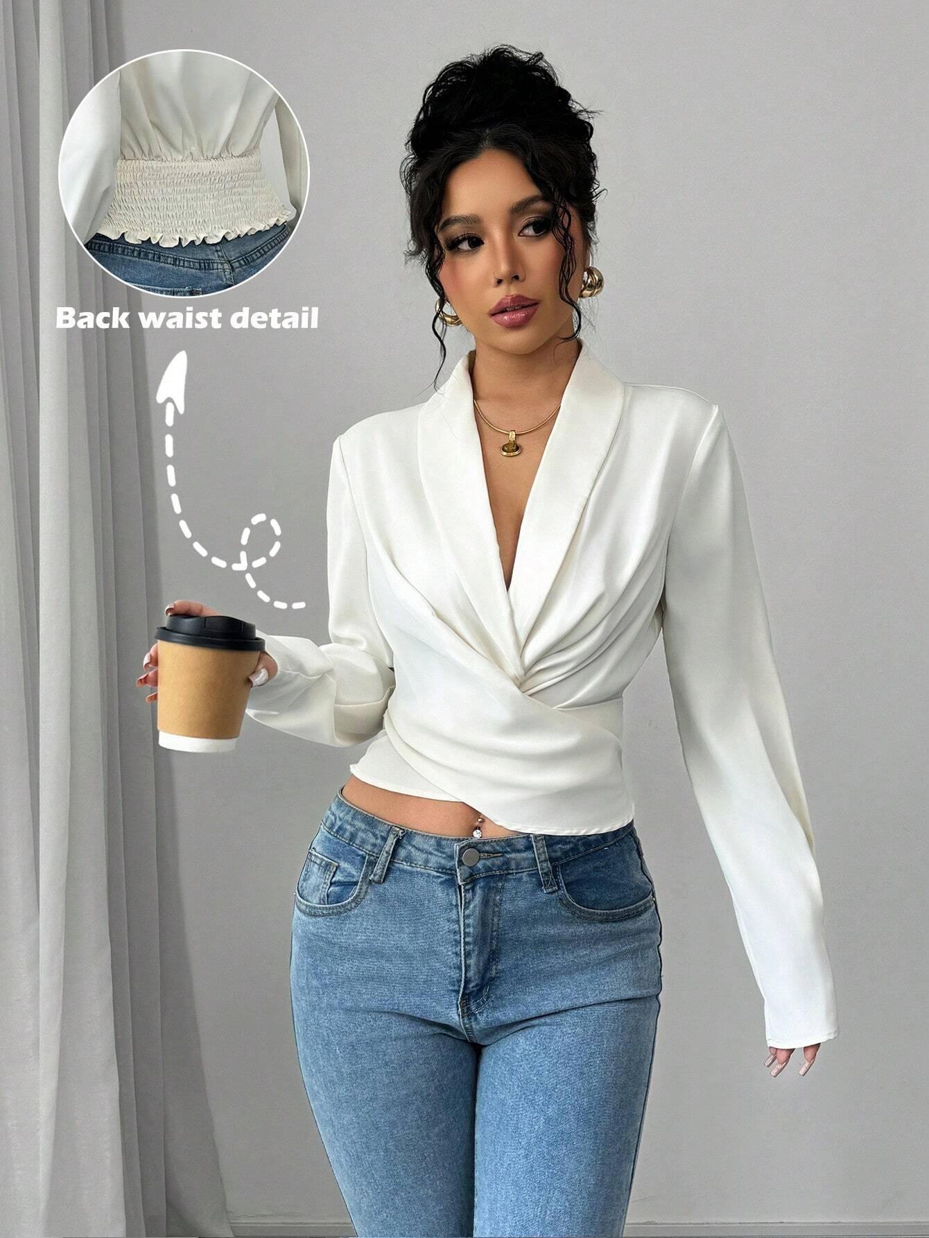  | SHEIN Elenzga Women's Cross Collar Long Sleeve Shirred Blouse | Blouse | Shein | OneHub