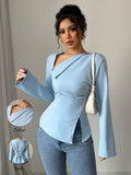  | SHEIN Elenzga Women's Elegant Commuter Casual Comfortable Asymmetric V-Neck Long Sleeve Cinched Waist Split Hem Blouse | Top | Shein | OneHub
