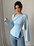  | SHEIN Elenzga Women's Elegant Commuter Casual Comfortable Asymmetric V-Neck Long Sleeve Cinched Waist Split Hem Blouse | Top | Shein | OneHub