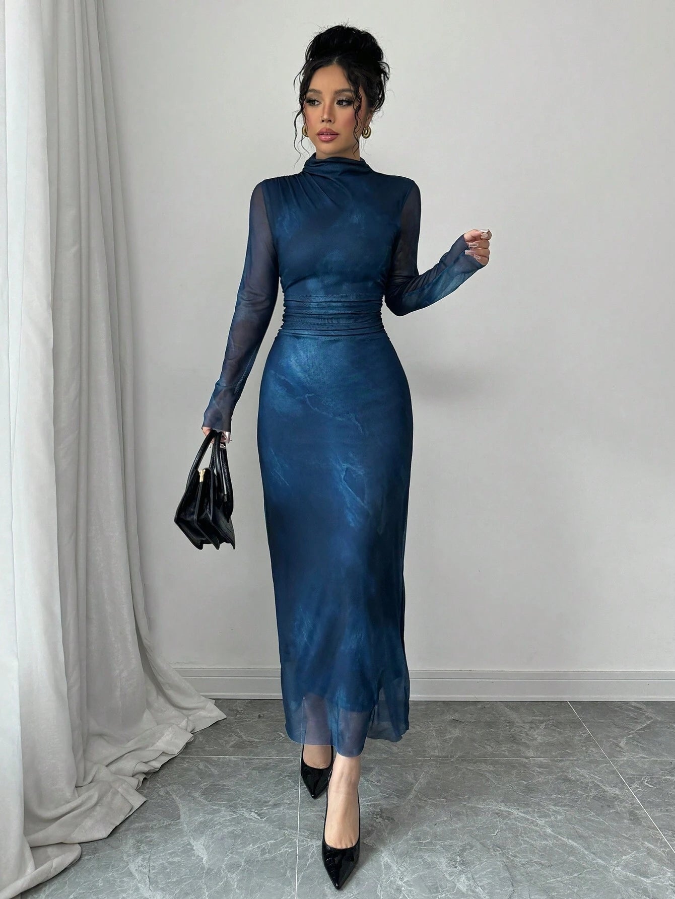  | SHEIN Elenzga Women's New Autumn/Winter Design Stand Collar Long Sleeve Pleated Waist Slimming Net Fabric Tie Dye Ink Painting Print Dress Maxi Women Outfit | Dress | Shein | OneHub