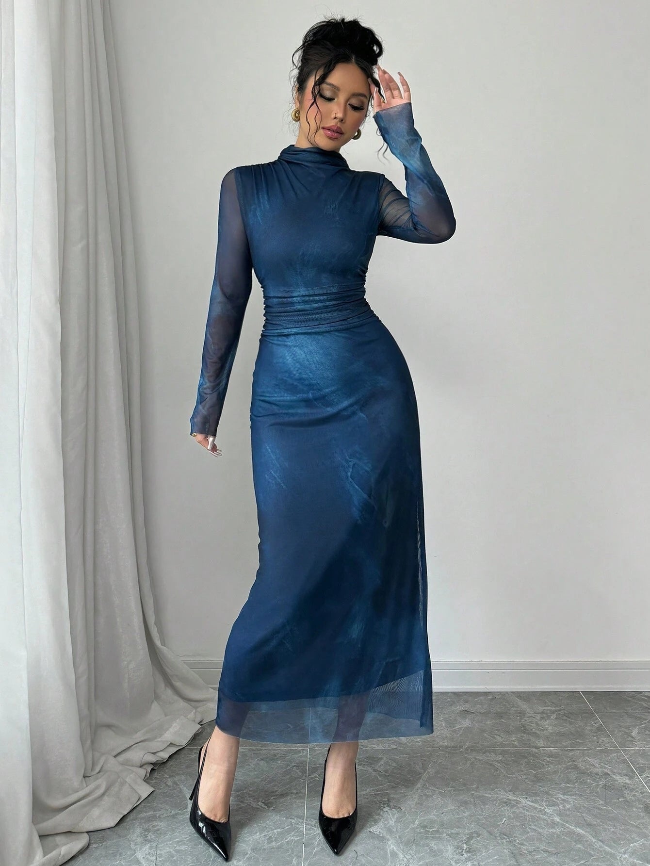  | SHEIN Elenzga Women's New Autumn/Winter Design Stand Collar Long Sleeve Pleated Waist Slimming Net Fabric Tie Dye Ink Painting Print Dress Maxi Women Outfit | Dress | Shein | OneHub