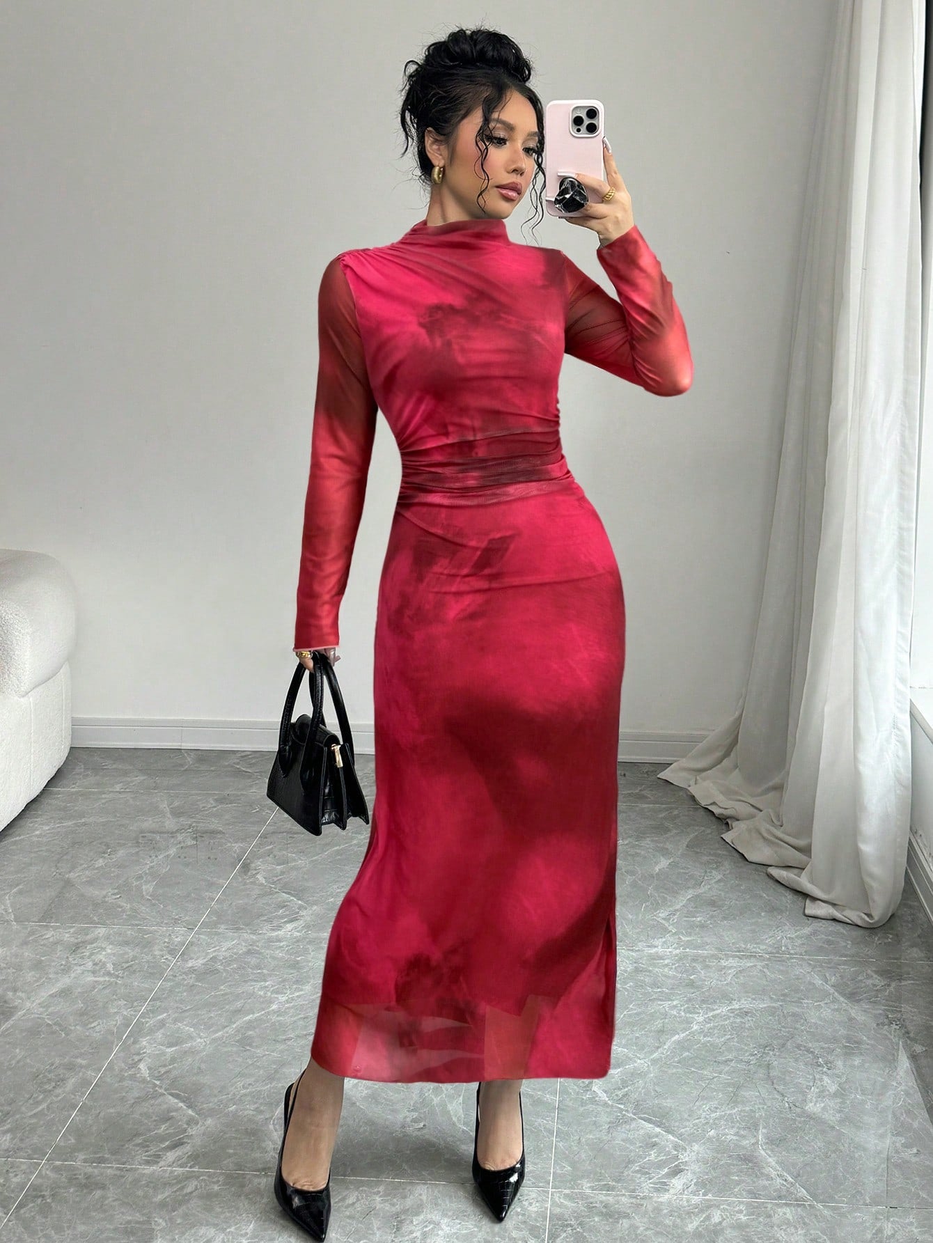 SHEIN Elenzga Women's New Autumn/Winter Design Stand Collar Long Sleeve Pleated Waist Slimming Net Fabric Tie Dye Ink Painting Print Dress Maxi Women Outfit