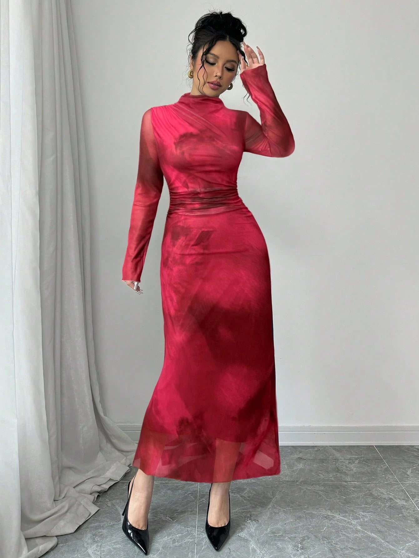 SHEIN Elenzga Women's New Autumn/Winter Design Stand Collar Long Sleeve Pleated Waist Slimming Net Fabric Tie Dye Ink Painting Print Dress Maxi Women Outfit