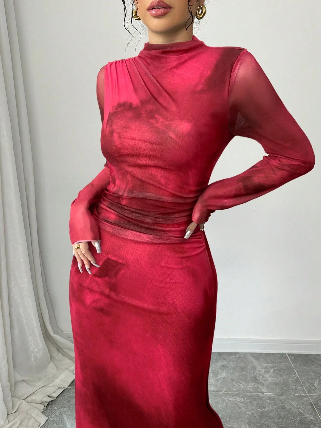 SHEIN Elenzga Women's New Autumn/Winter Design Stand Collar Long Sleeve Pleated Waist Slimming Net Fabric Tie Dye Ink Painting Print Dress Maxi Women Outfit