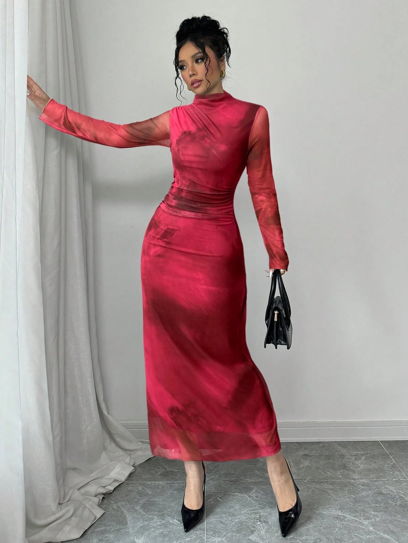 SHEIN Elenzga Women's New Autumn/Winter Design Stand Collar Long Sleeve Pleated Waist Slimming Net Fabric Tie Dye Ink Painting Print Dress Maxi Women Outfit