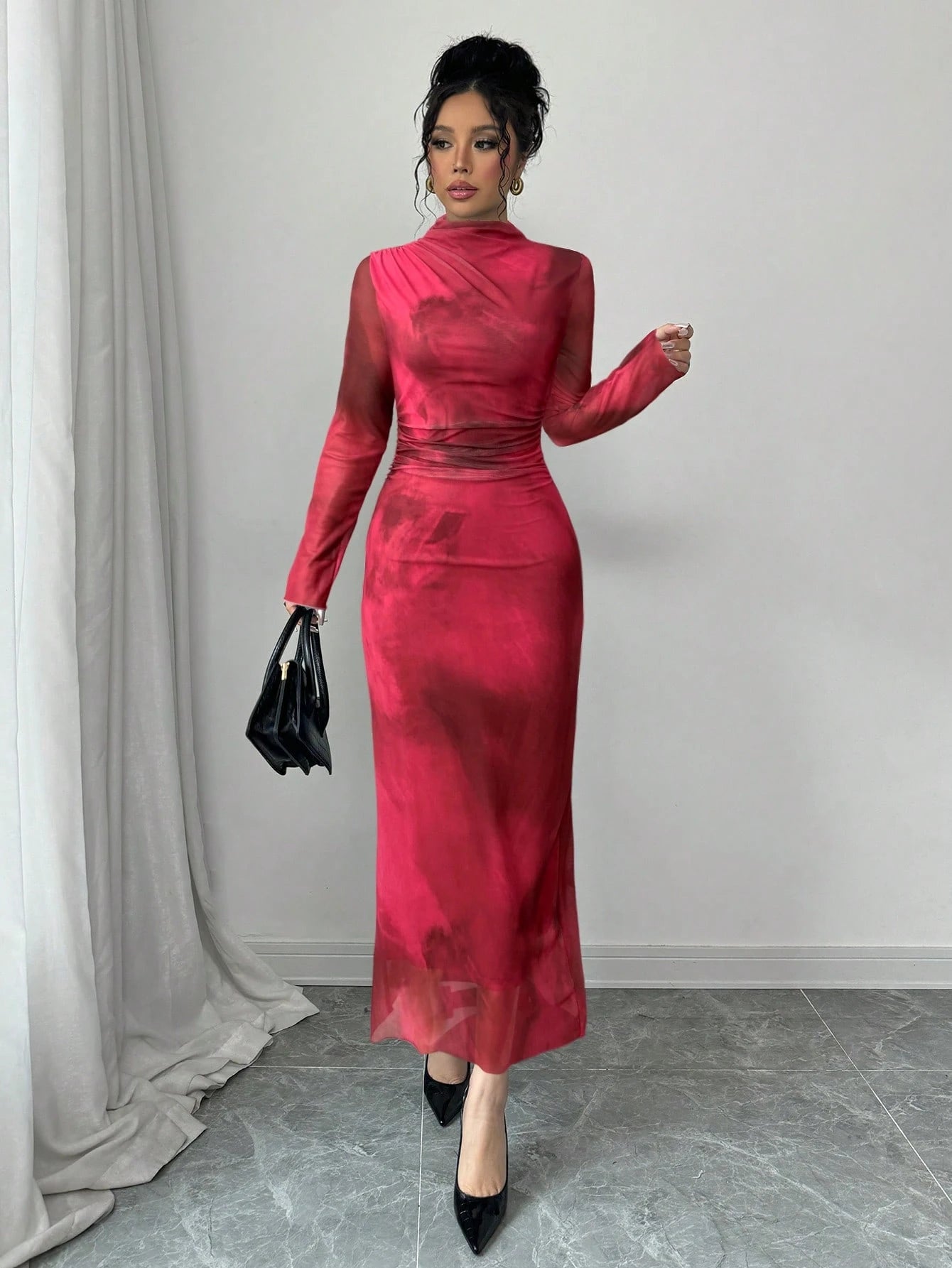 SHEIN Elenzga Women's New Autumn/Winter Design Stand Collar Long Sleeve Pleated Waist Slimming Net Fabric Tie Dye Ink Painting Print Dress Maxi Women Outfit