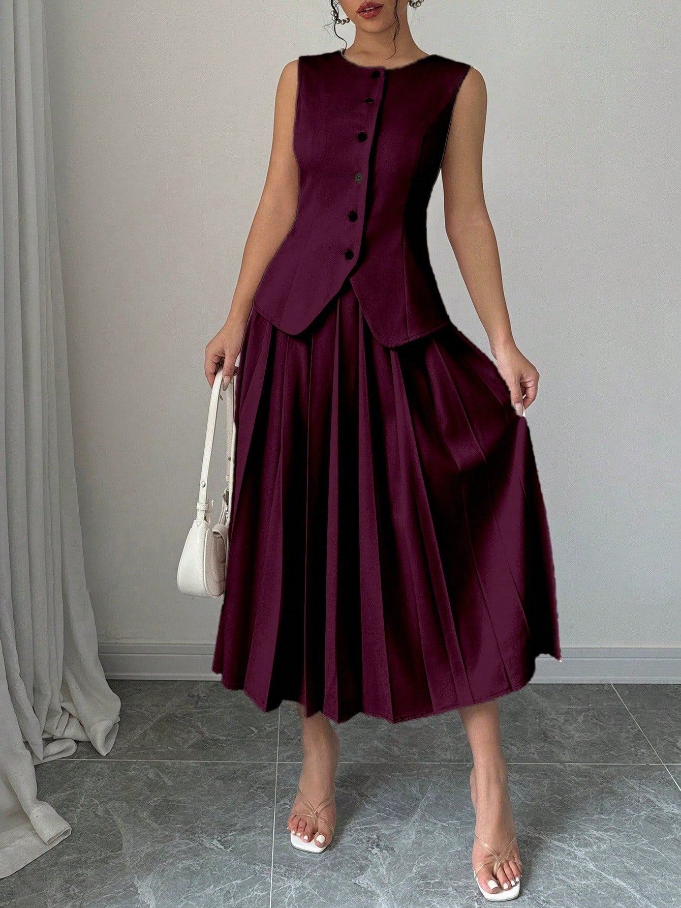  | SHEIN Elenzga Women's Plain Single-Breasted Vest And Pleated Mini Skirt Suit Set | Top and Pant Set | Shein | OneHub