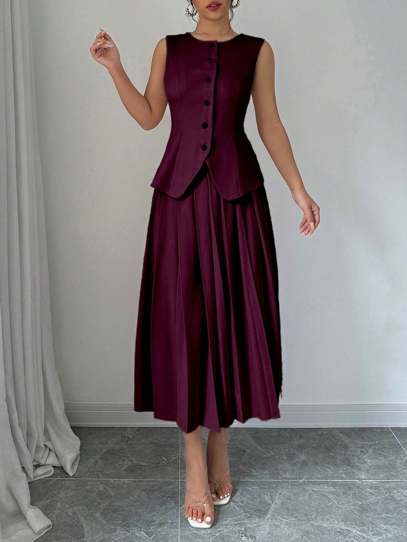  | SHEIN Elenzga Women's Plain Single-Breasted Vest And Pleated Mini Skirt Suit Set | Top and Pant Set | Shein | OneHub