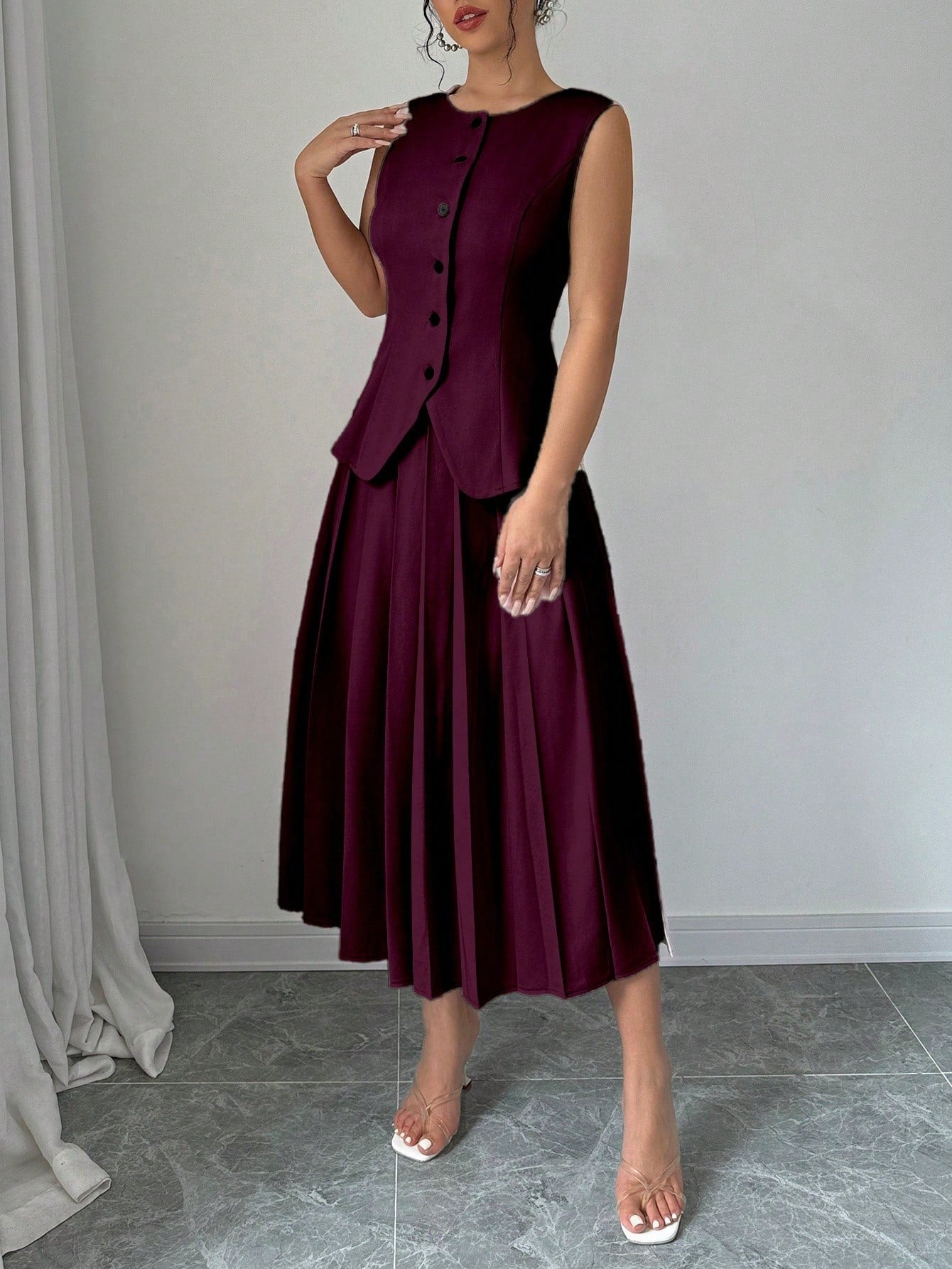  | SHEIN Elenzga Women's Plain Single-Breasted Vest And Pleated Mini Skirt Suit Set | Top and Pant Set | Shein | OneHub