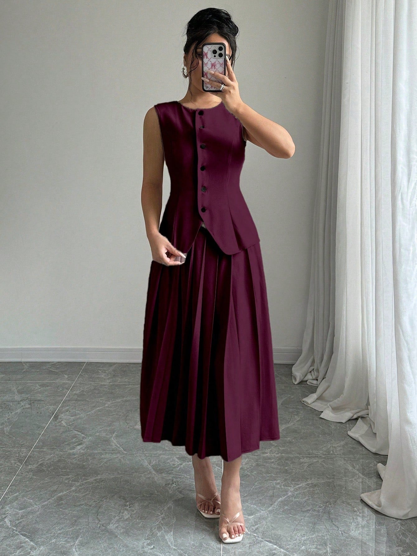  | SHEIN Elenzga Women's Plain Single-Breasted Vest And Pleated Mini Skirt Suit Set | Top and Pant Set | Shein | OneHub