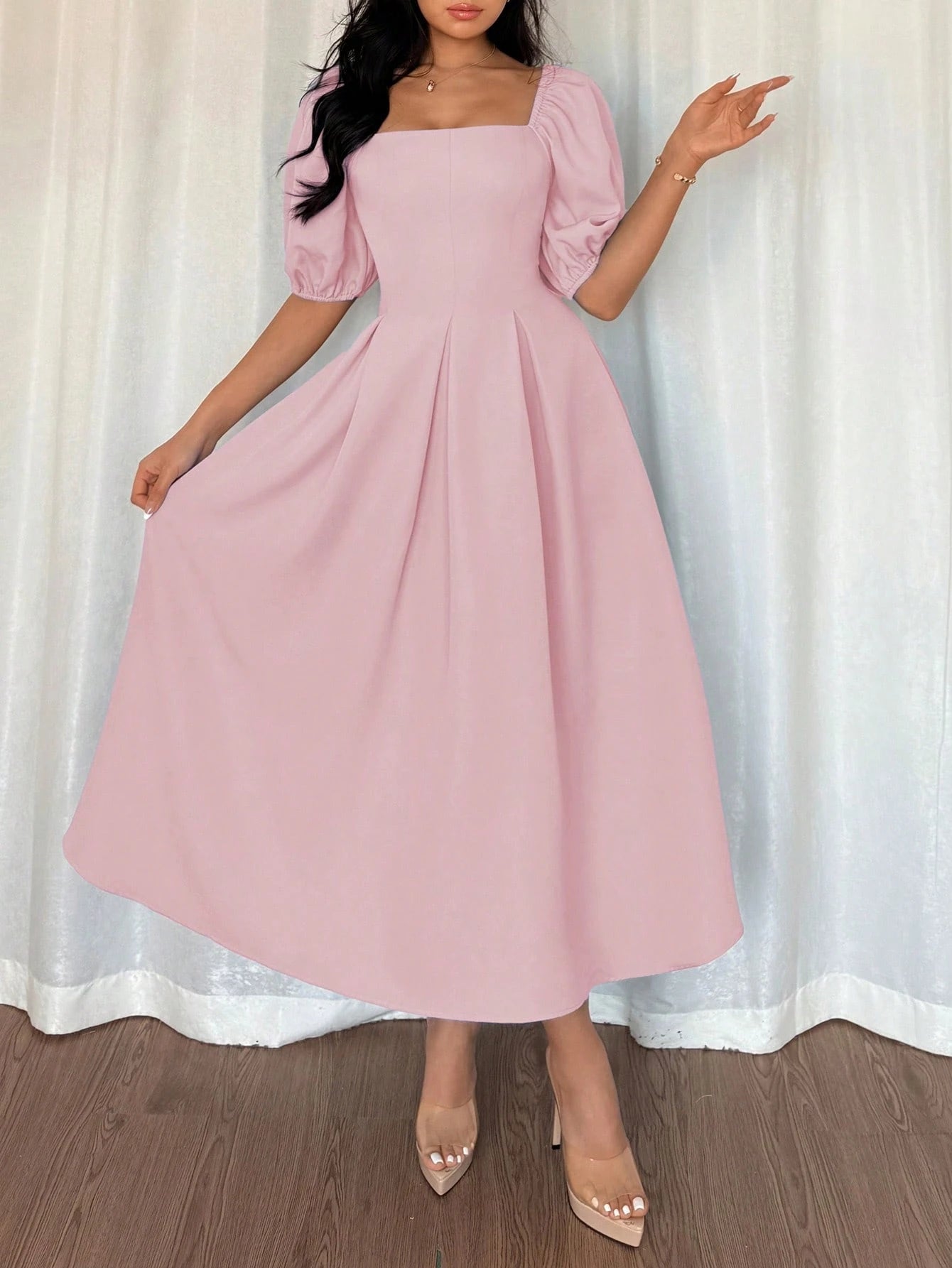  | SHEIN Elenzga Women's Simple Elegant French Style Crew Neck Draped Hem A-Line Short Sleeve Casual Office Business Party Dress, Spring & Summer | Dress | Shein | OneHub