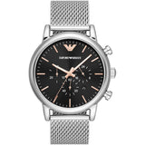 EMPORIO ARMANI Luigi Silver Mesh Bracelet Black Dial Chronograph Quartz Watch for Men - EMPORIO ARMANI AR 11429