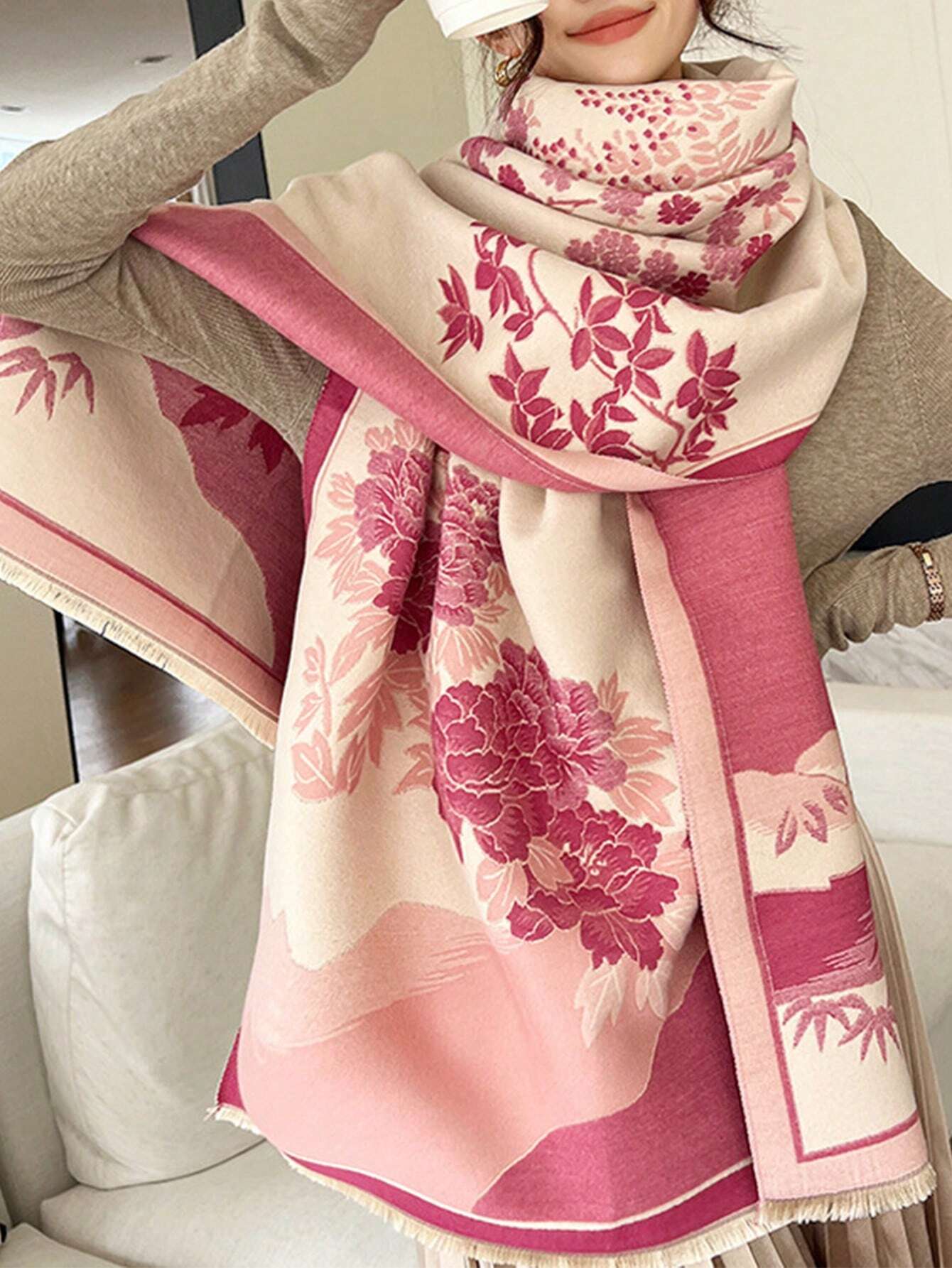  | SHEIN FADZOYLE 1pc Pink Women's Scarves Cashmere Feel Color Long Shawl Scarf Tassel Printed Pattern | Bandana | Shein | OneHub