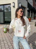 SHEIN FOR BEAUTY Spring And Autumn New Round Neck Floral Embroidery Long-Sleeved Knit Sweater Tops Women J Fashion Loose Fashion Drop Shoulder Sweater Pullover Cute Clothes Knit Top