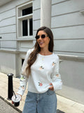 SHEIN FOR BEAUTY Spring And Autumn New Round Neck Floral Embroidery Long-Sleeved Knit Sweater Tops Women J Fashion Loose Fashion Drop Shoulder Sweater Pullover Cute Clothes Knit Top