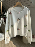 SHEIN FOR BEAUTY Spring And Autumn New Round Neck Floral Embroidery Long-Sleeved Knit Sweater Tops Women J Fashion Loose Fashion Drop Shoulder Sweater Pullover Cute Clothes Knit Top