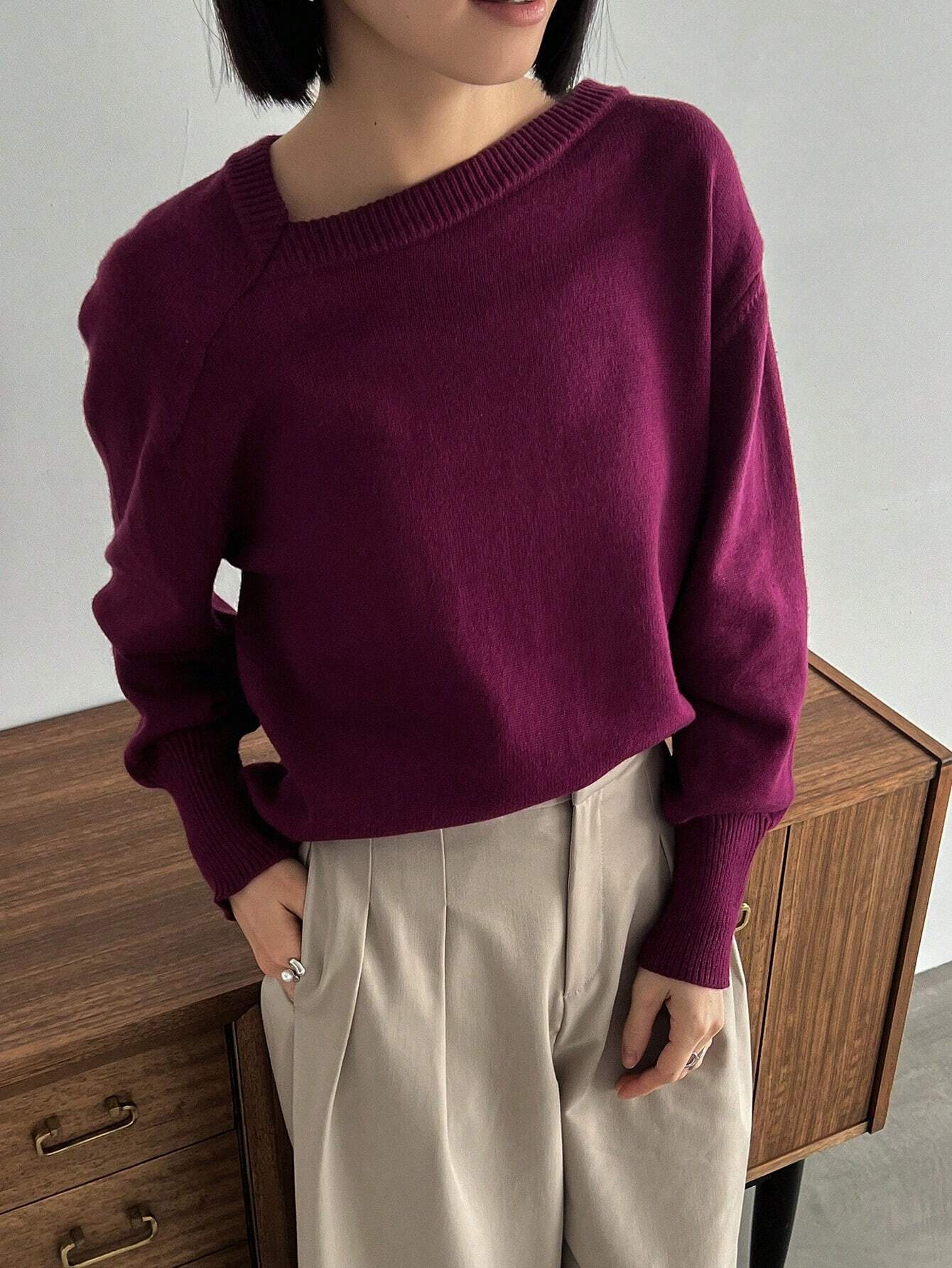  | SHEIN FRIFUL Solid Asymmetrical Neck Drop Shoulder Sweater | Sweater | Shein | OneHub