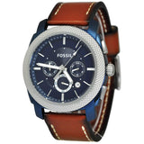 Fossil Machine Brown Leather Strap Blue Dial Chronograph Quartz Watch for Men - FS5232