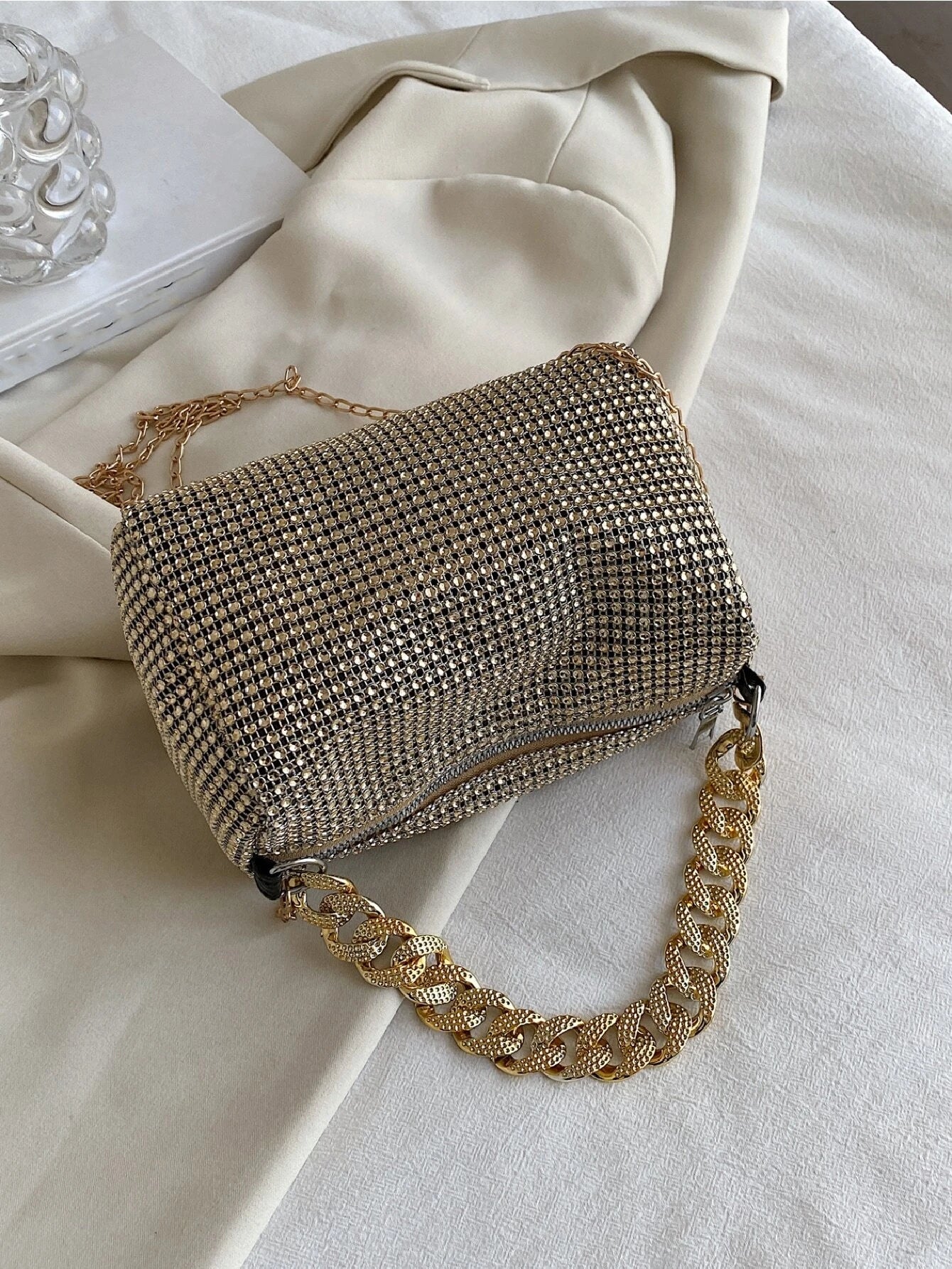  | SHEIN Fashion Evening Bag, Round Cylinder Full Rhinestones Chain Crossbody Bag, Zipper Closure Versatile Shoulder Bag, Sparkly Casual Bag | Bags | Shein | OneHub