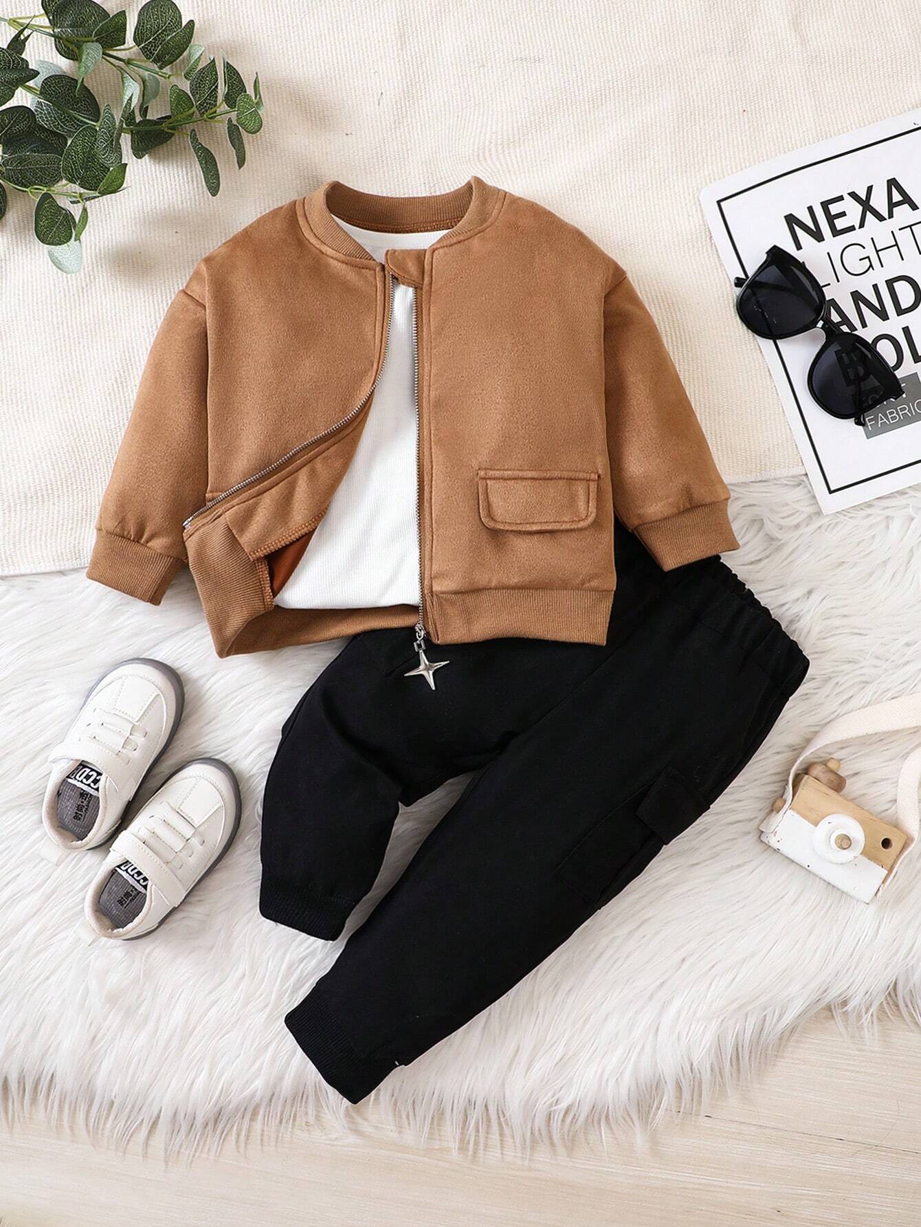  | Fashionable Baby Boys' Suede Jacket And Twill Cargo Pants, Suitable For Fall/Winter Outings | Dress | Shein | OneHub