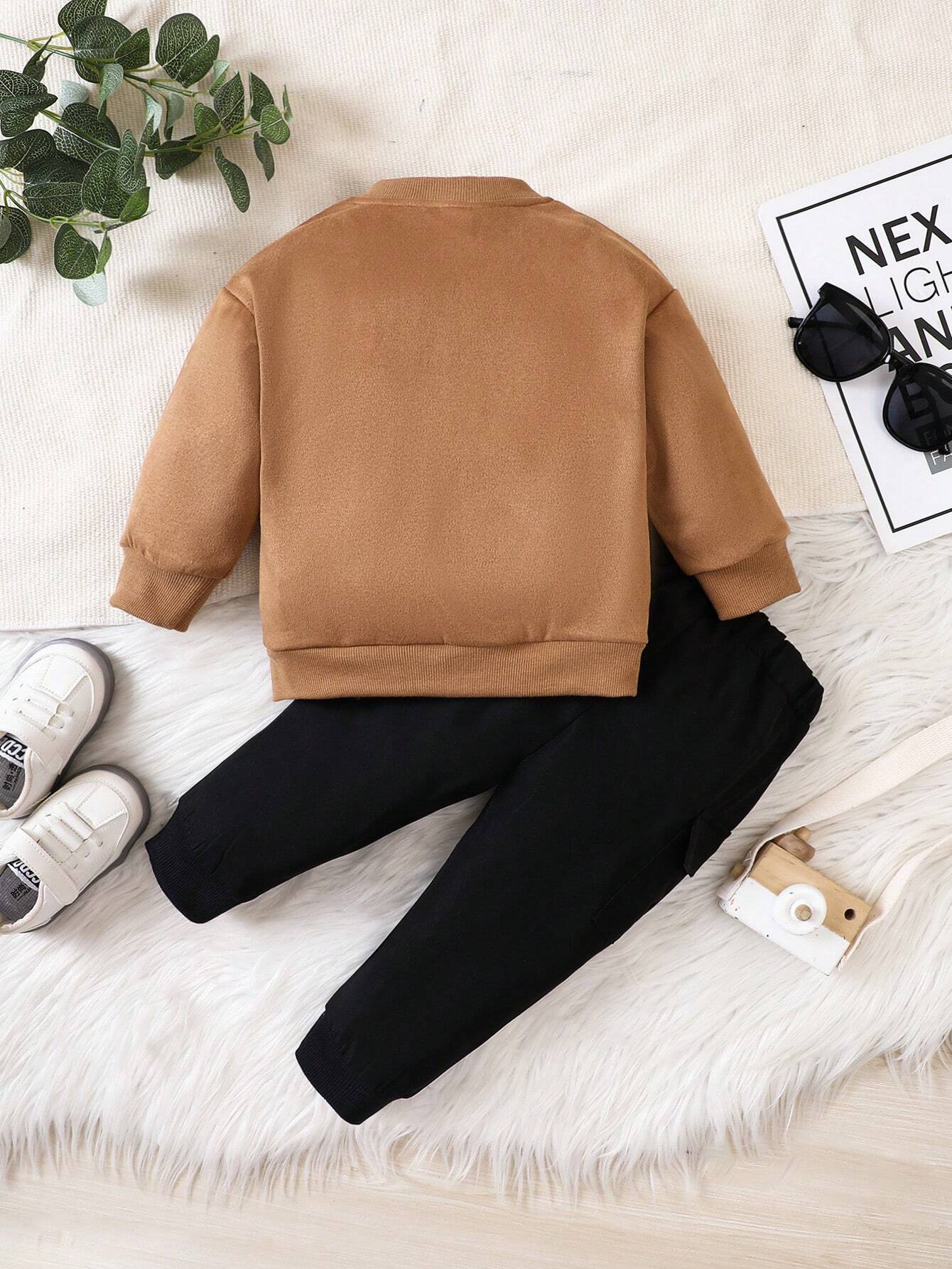  | Fashionable Baby Boys' Suede Jacket And Twill Cargo Pants, Suitable For Fall/Winter Outings | Dress | Shein | OneHub