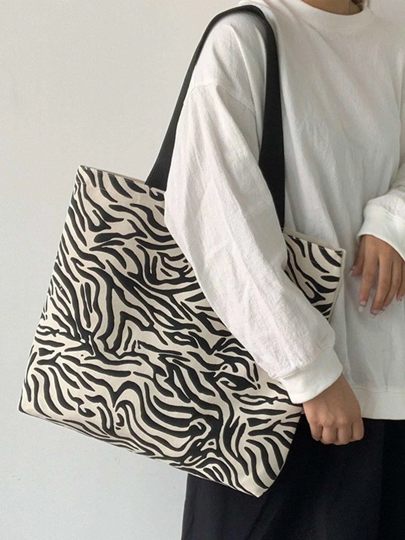  | SHEIN Fashionable Black Zebra Striped Zipper Closure Single Shoulder Tote Bag | Bags | Shein | OneHub