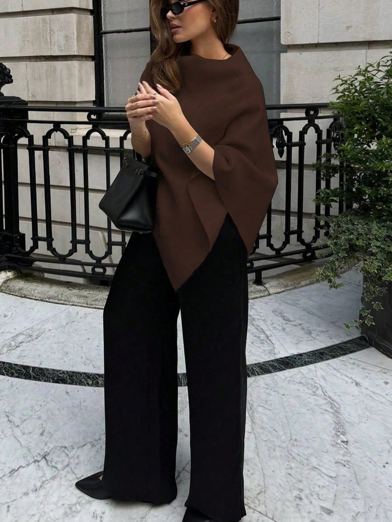 SHEIN Fashionable Solid Color Ribbed Asymmetric Hem Poncho Sweater, Everyday Wear, Autumn/Winter