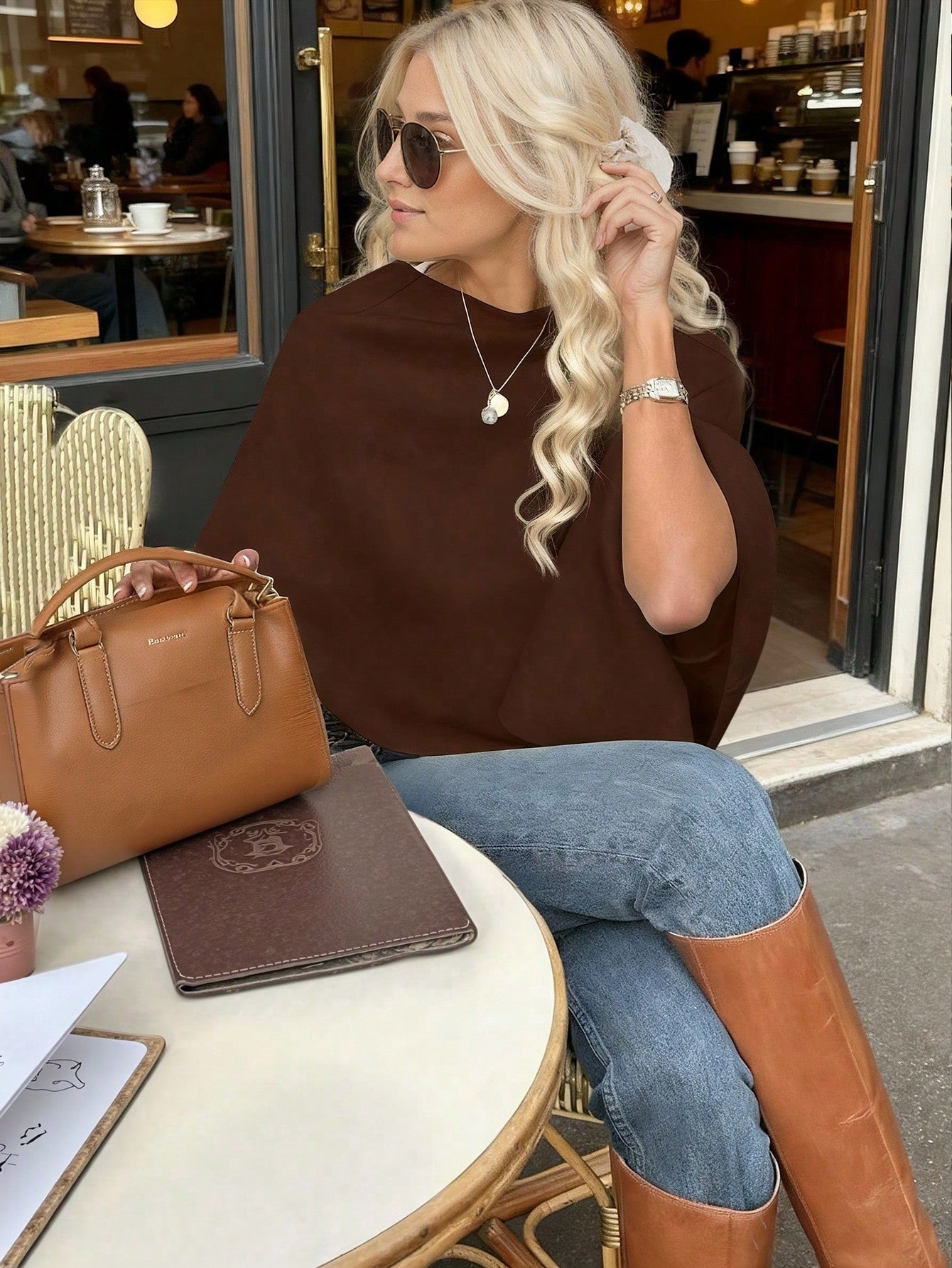 SHEIN Fashionable Solid Color Ribbed Asymmetric Hem Poncho Sweater, Everyday Wear, Autumn/Winter