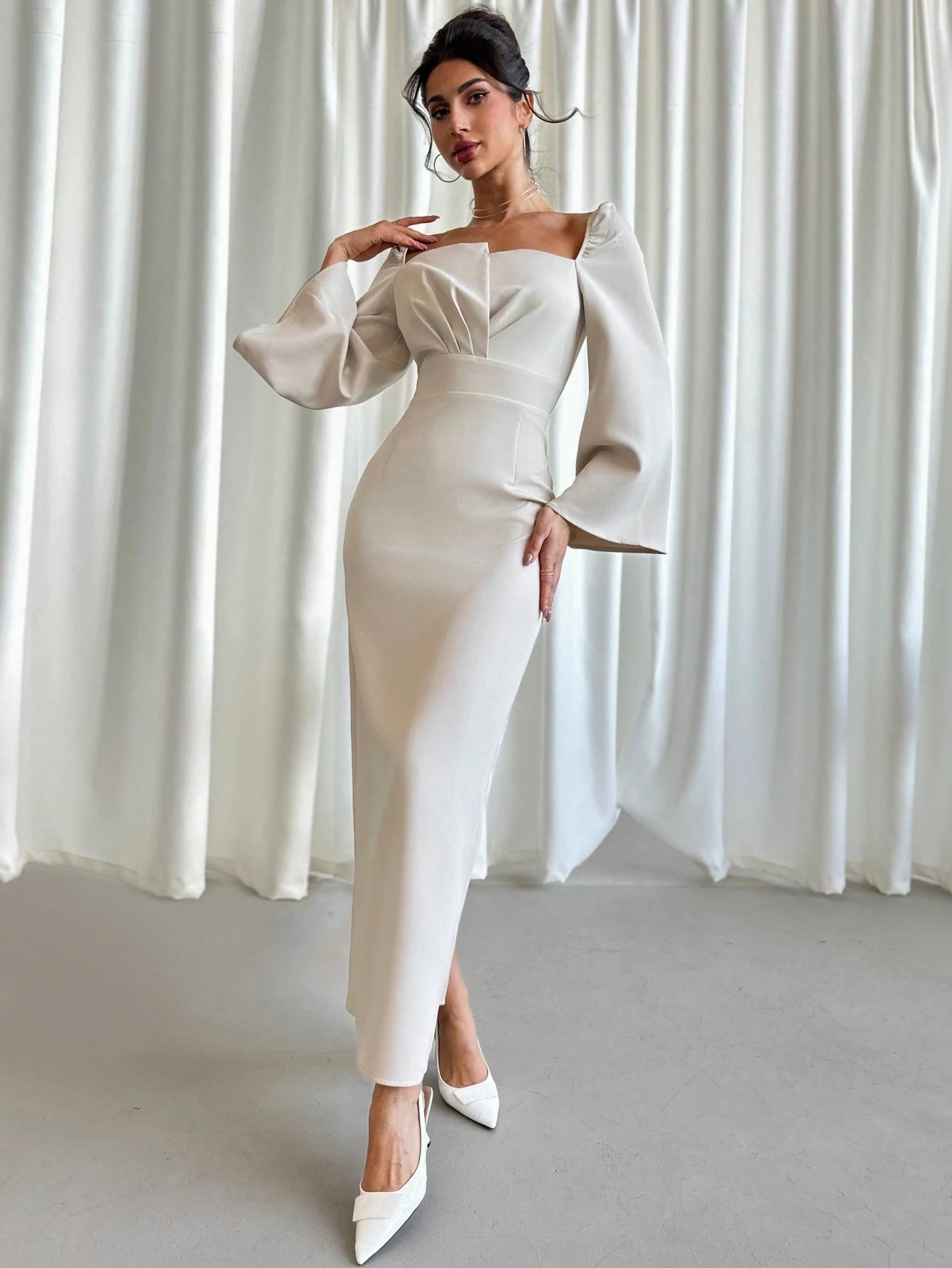 SHEIN Firerie Autumn/Winter New Women's Wide Collar Asymmetrical Design Flare Sleeve Elegant Dress, Luxury Texture For Date, Party, Valentine's Day