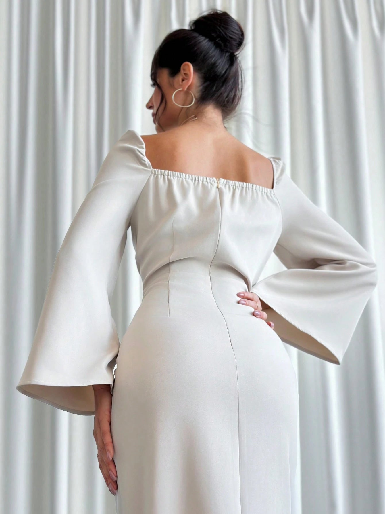 SHEIN Firerie Autumn/Winter New Women's Wide Collar Asymmetrical Design Flare Sleeve Elegant Dress, Luxury Texture For Date, Party, Valentine's Day