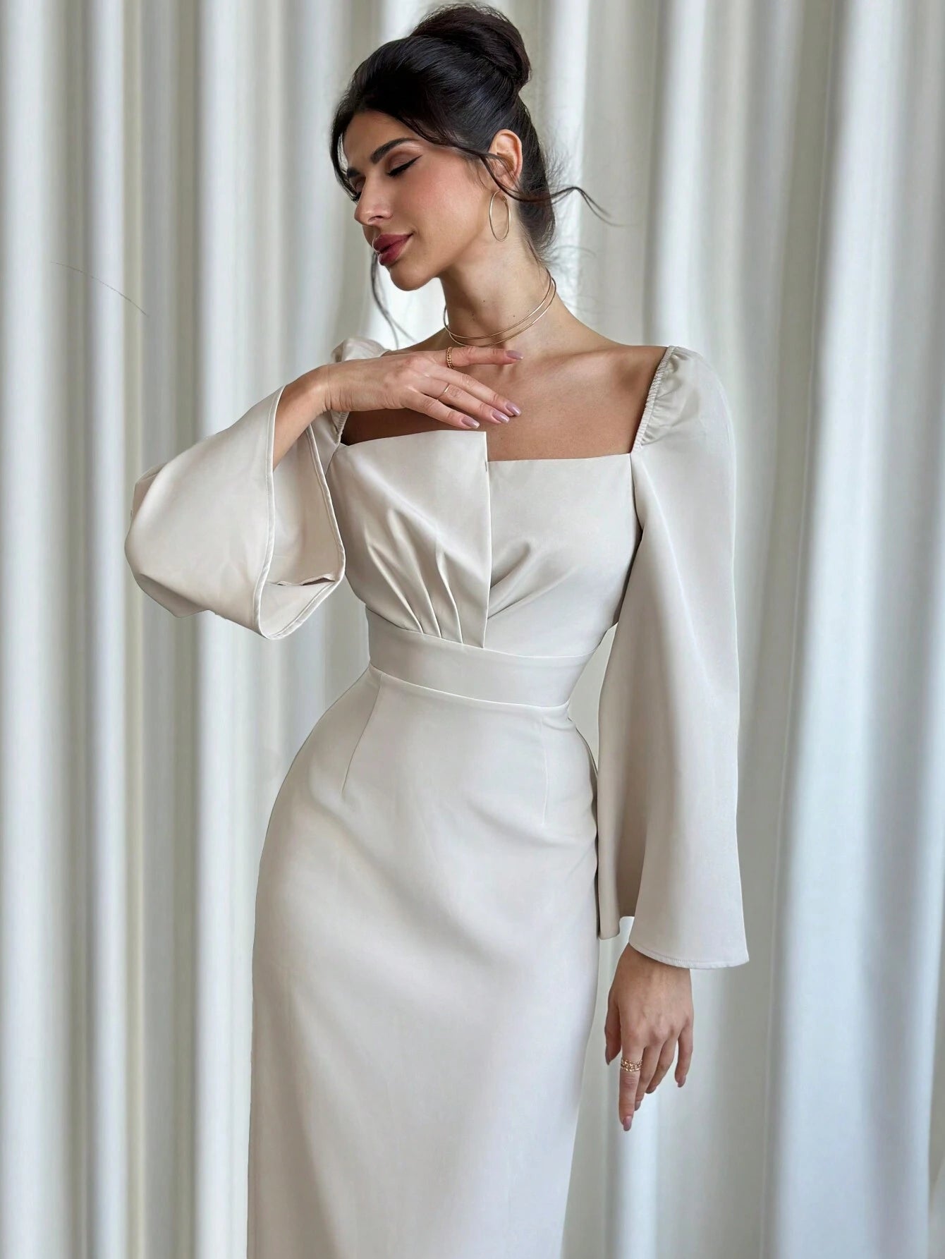 SHEIN Firerie Autumn/Winter New Women's Wide Collar Asymmetrical Design Flare Sleeve Elegant Dress, Luxury Texture For Date, Party, Valentine's Day