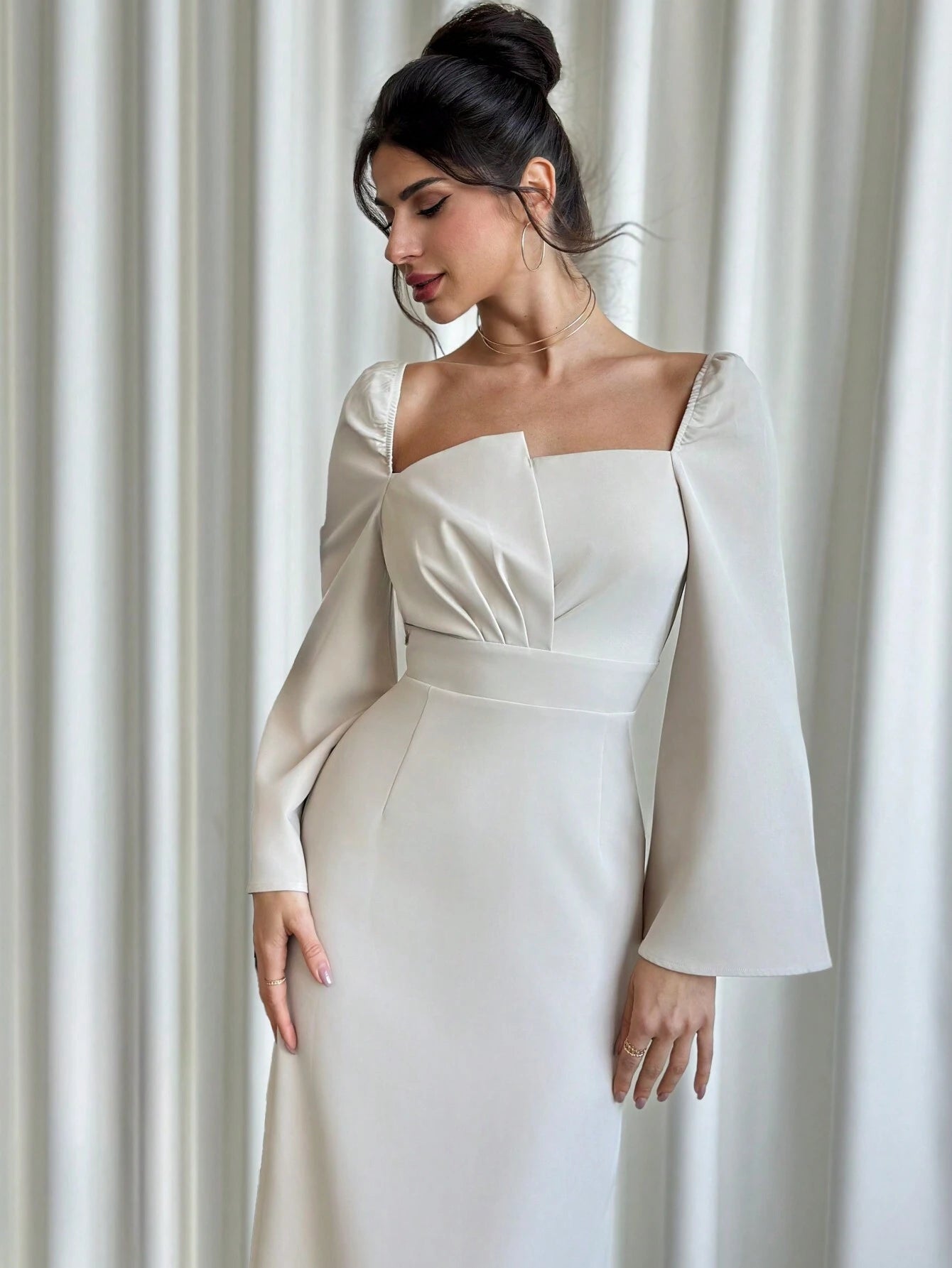 SHEIN Firerie Autumn/Winter New Women's Wide Collar Asymmetrical Design Flare Sleeve Elegant Dress, Luxury Texture For Date, Party, Valentine's Day