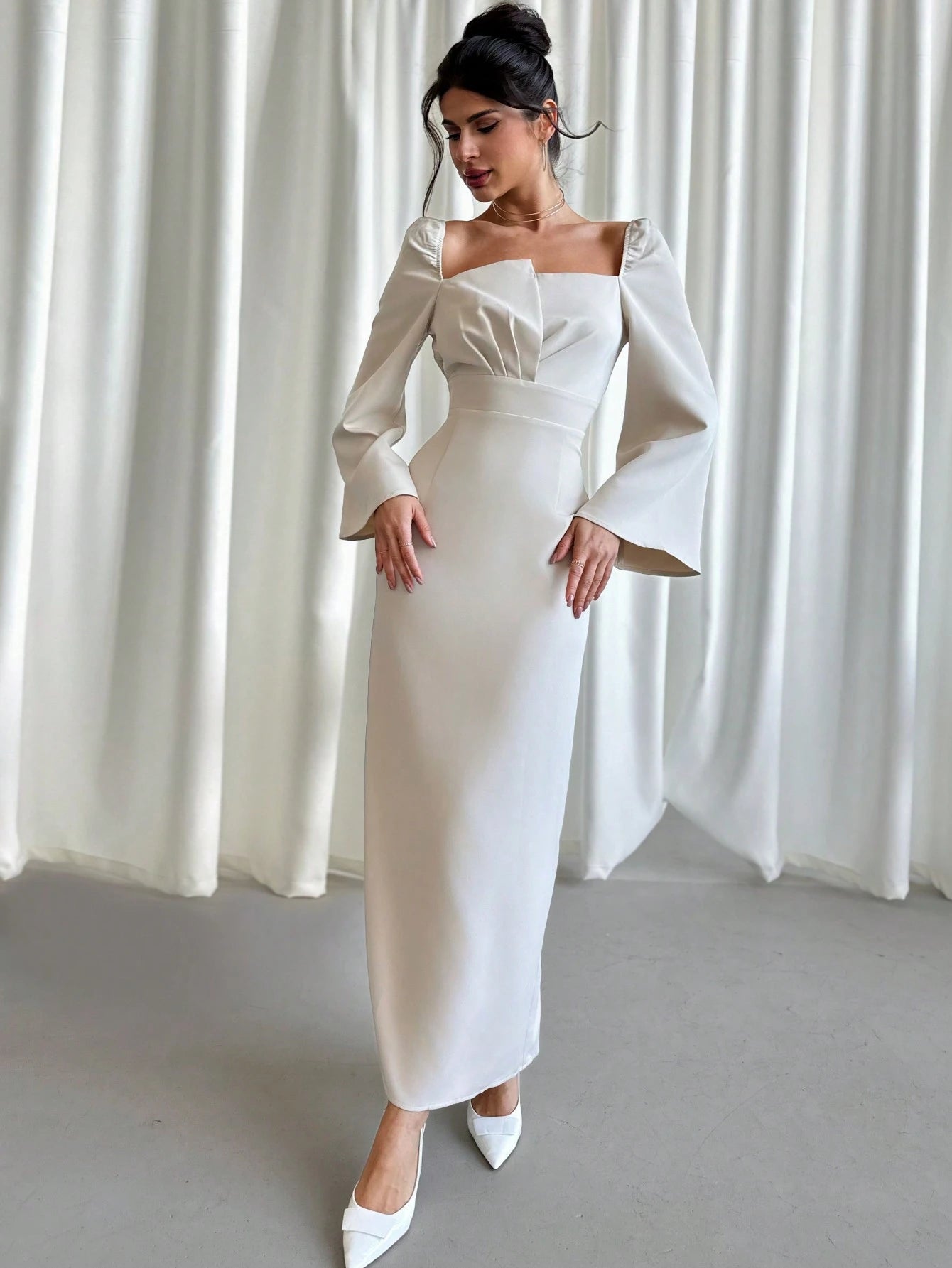 SHEIN Firerie Autumn/Winter New Women's Wide Collar Asymmetrical Design Flare Sleeve Elegant Dress, Luxury Texture For Date, Party, Valentine's Day