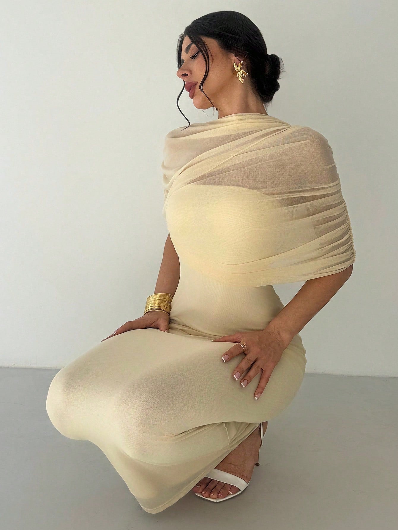 SHEIN Firerie Elegant Romantic Solid Yellow Ruffle Neck Asymmetrical Pleated Waist Fitted Long Dress, Suitable For Beach, Airport, Vacation, Work