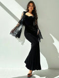 SHEIN Firerie Gothic Style Sweetheart Neck Lace Flare Sleeve Velvet Fit And Flare Dress, Elegant Sexy For Halloween Party