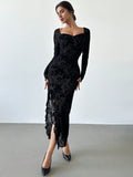 SHEIN Firerie New Autumn/Winter Elegant Floral Flocked Square Neck Ruched & Slit Ruffle Hem Slimming Dress