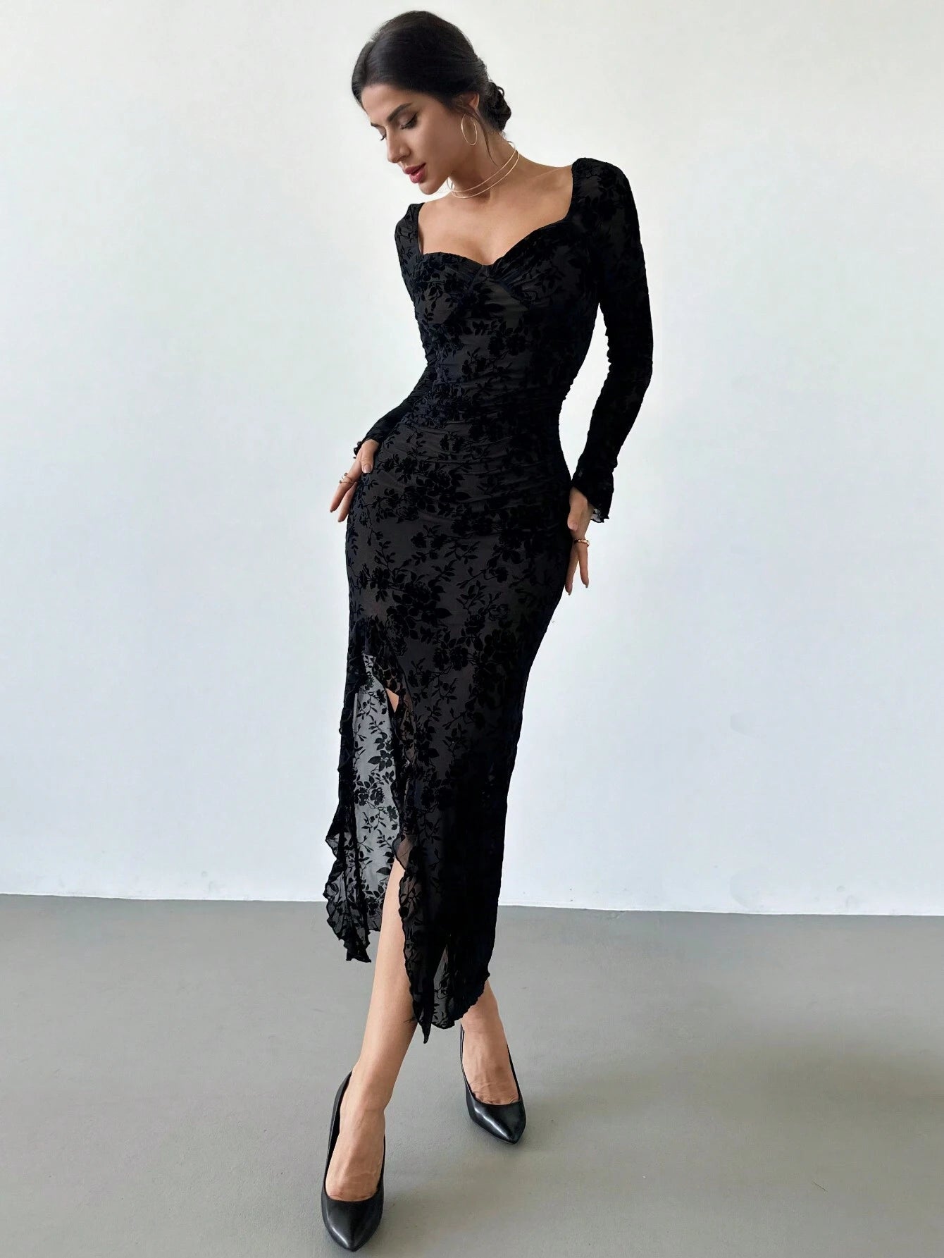  | SHEIN Firerie New Autumn/Winter Elegant Floral Flocked Square Neck Ruched & Slit Ruffle Hem Slimming Dress | Dress | Shein | OneHub