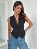  | Firerie New Elegant Commute Sexy Party Lace Patchwork V-Neck Slit Hem Gathered Waist Black Vest/Camisole | Top | Shein | OneHub