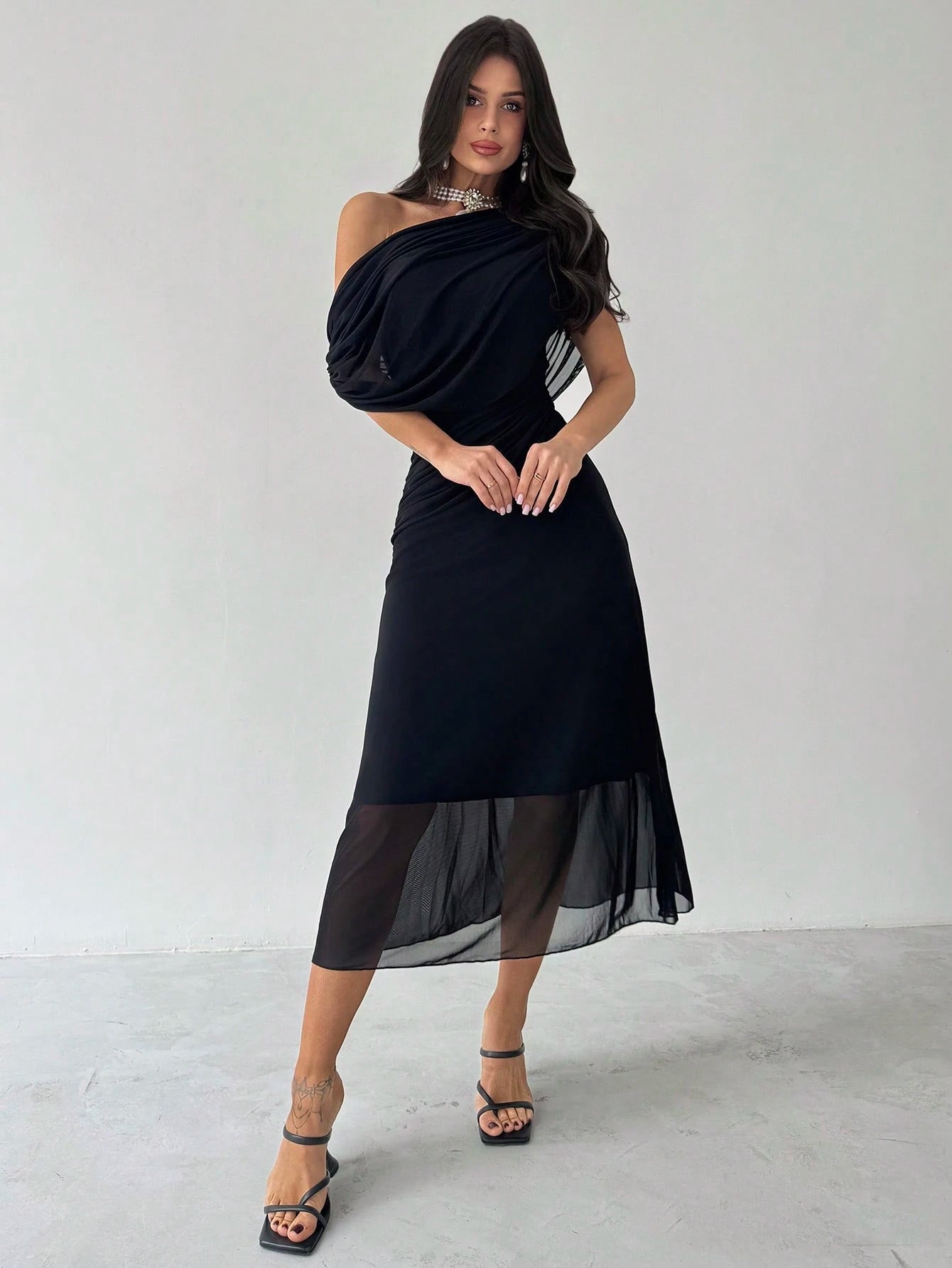  | SHEIN Firerie New Summer Women's Elegant & Sophisticated Asymmetrical Shoulder Short Sleeve Ruched Waist Knit Dress, Black, Versatile For Parties And Everyday Wear | Dress | Shein | OneHub