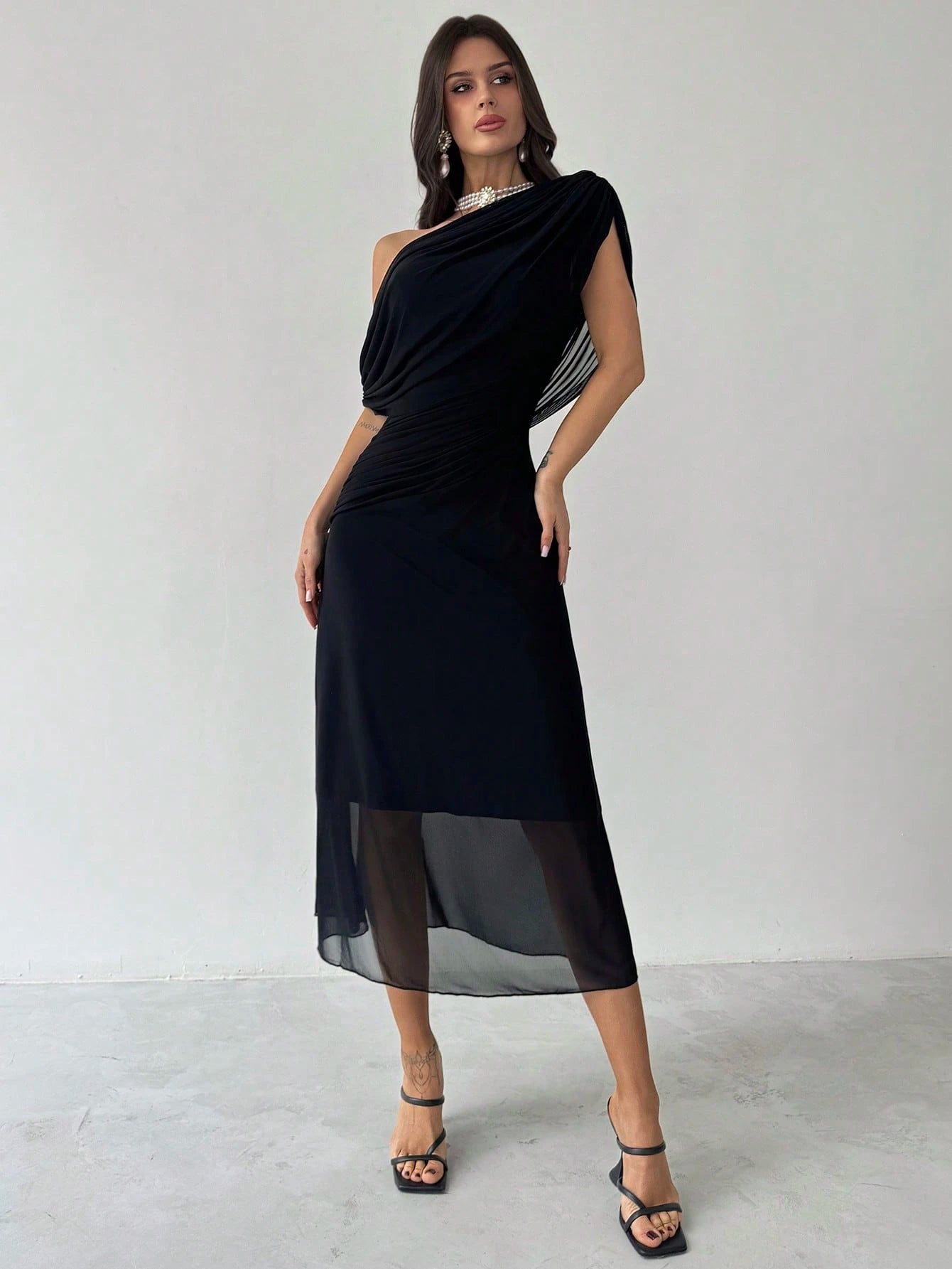  | SHEIN Firerie New Summer Women's Elegant & Sophisticated Asymmetrical Shoulder Short Sleeve Ruched Waist Knit Dress, Black, Versatile For Parties And Everyday Wear | Dress | Shein | OneHub