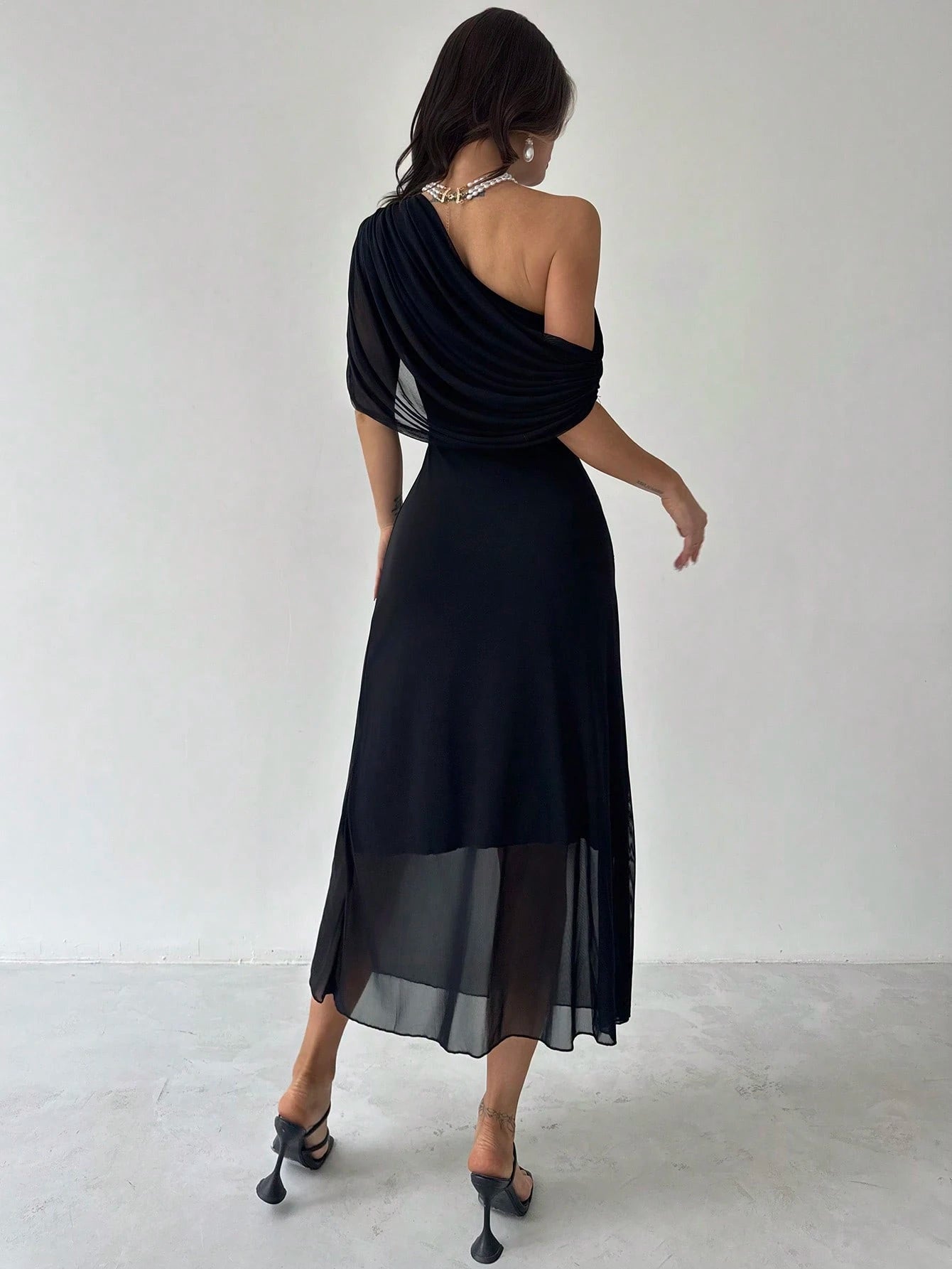  | SHEIN Firerie New Summer Women's Elegant & Sophisticated Asymmetrical Shoulder Short Sleeve Ruched Waist Knit Dress, Black, Versatile For Parties And Everyday Wear | Dress | Shein | OneHub