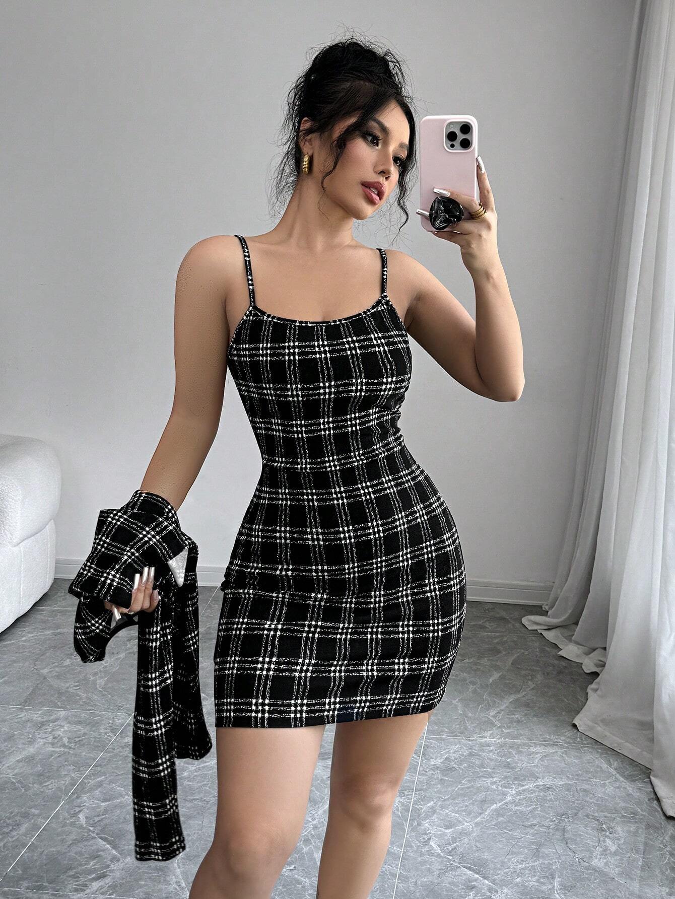 SHEIN Firerie Women 2pcs Set: Plaid Print Fitted Cami Midi Dress & Jacket