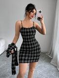 SHEIN Firerie Women 2pcs Set: Plaid Print Fitted Cami Midi Dress & Jacket