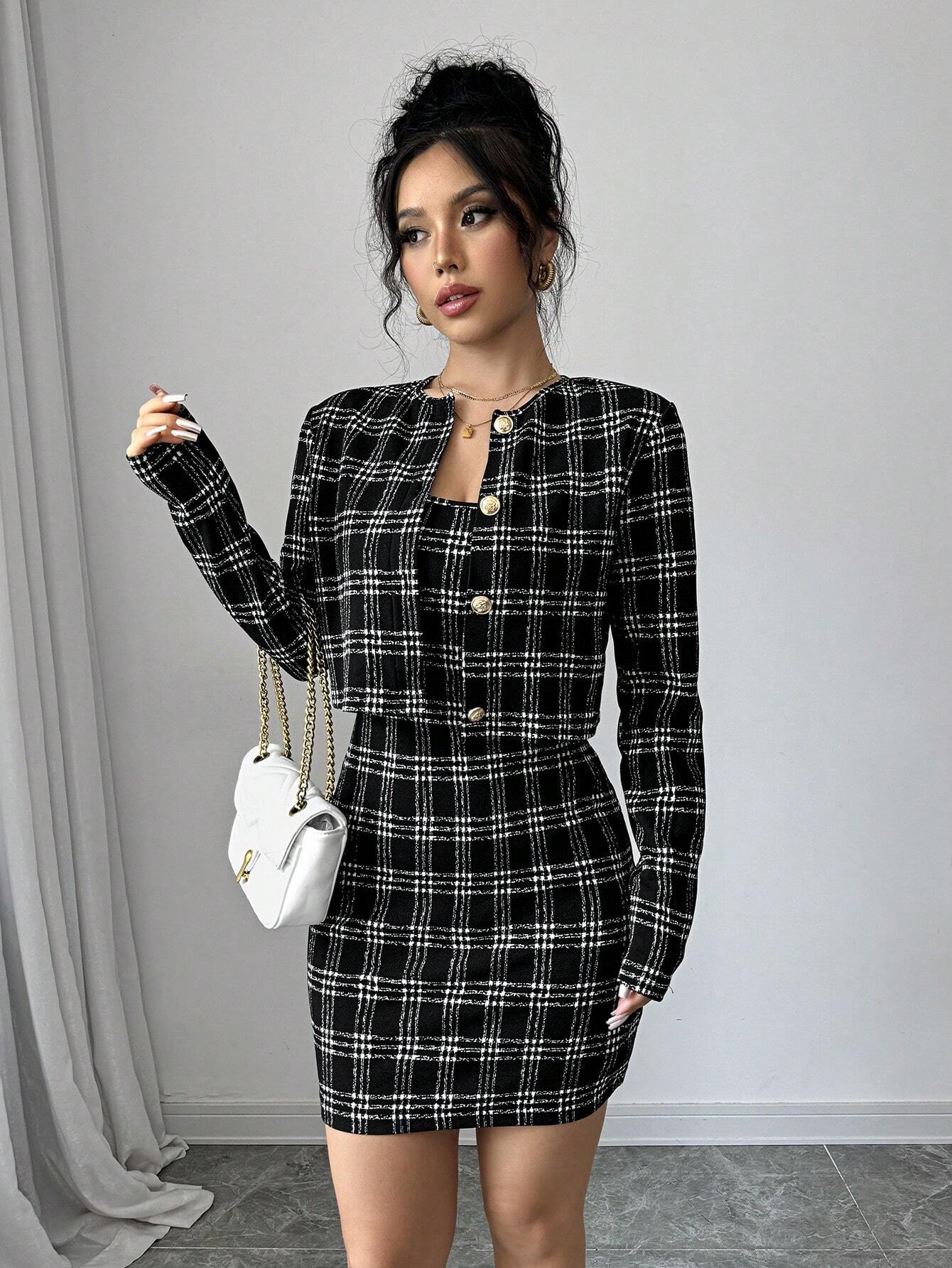 SHEIN Firerie Women 2pcs Set: Plaid Print Fitted Cami Midi Dress & Jacket