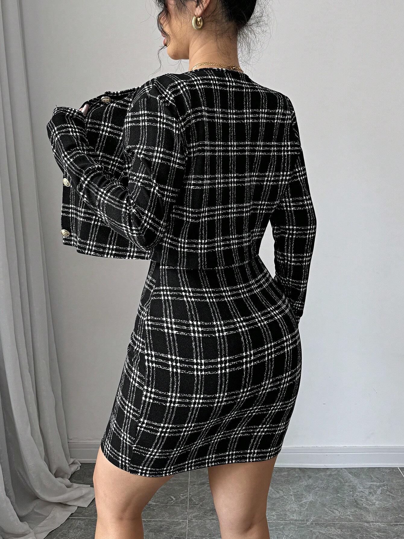 SHEIN Firerie Women 2pcs Set: Plaid Print Fitted Cami Midi Dress & Jacket