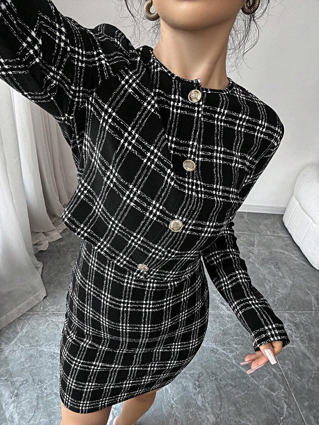 SHEIN Firerie Women 2pcs Set: Plaid Print Fitted Cami Midi Dress & Jacket